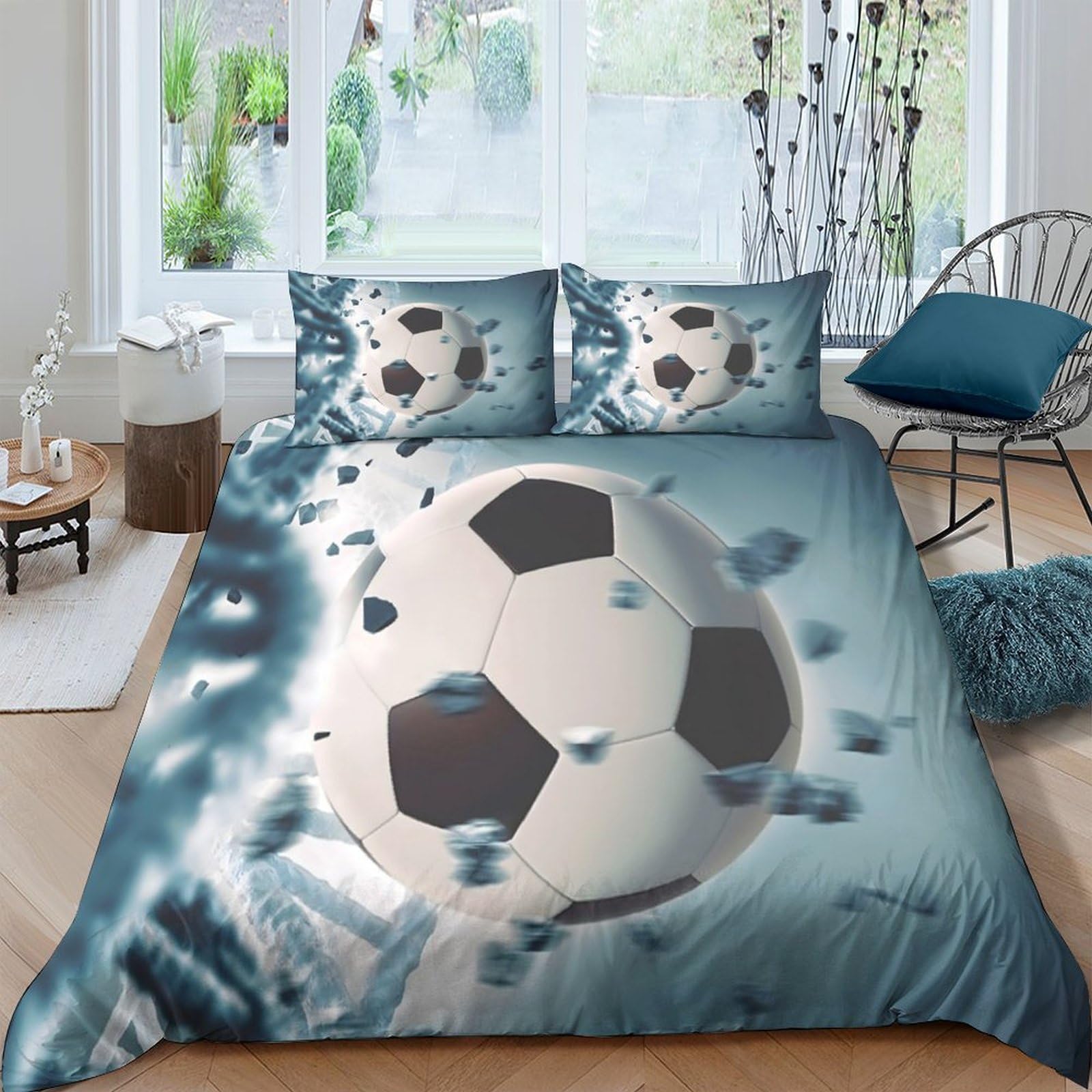 Ctjqhvkz Style-10 3D Printed Soccer Splash Fitted Sheet Microfiber Soft Grey Blue Football Pattern Mattress Cover For Bedroom Decor Single（135X200cm）