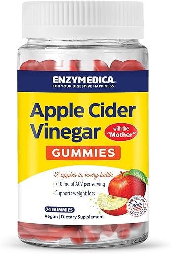 Enzymedica, Gomitas de vinagre de sidra de manzana, hechas con la madre, 12 manzanas orgánicas cultivadas en Estados Unidos por botella, cd 1000 mcg