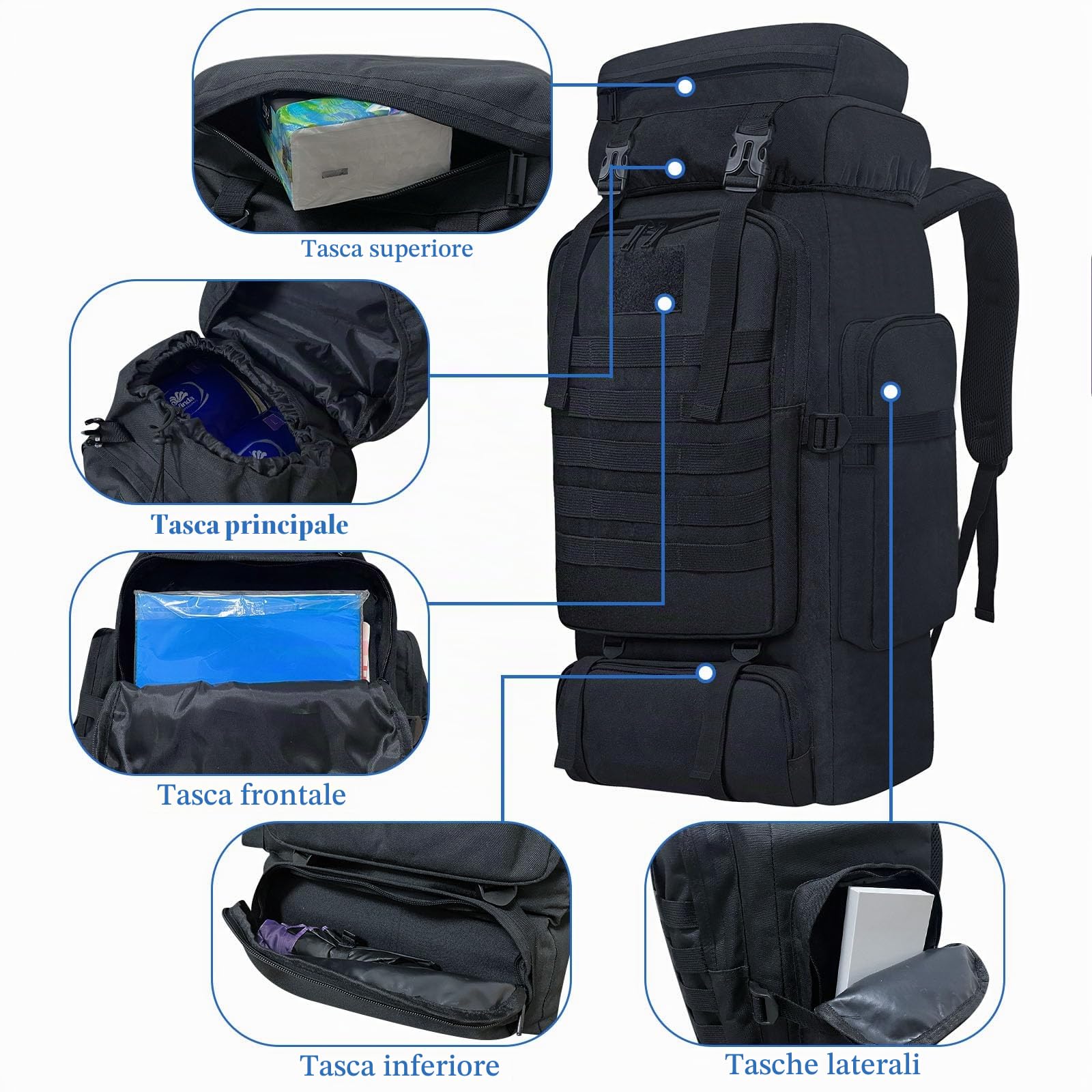 80L Campeggio Trekking Zaino, Zaino Tattico Militare Molle, Grande Zaino da Trekking Resistente all'Acqua, Zainetto Sport all'Aria Aperta, Borse Sportive Regolabili (Nero)