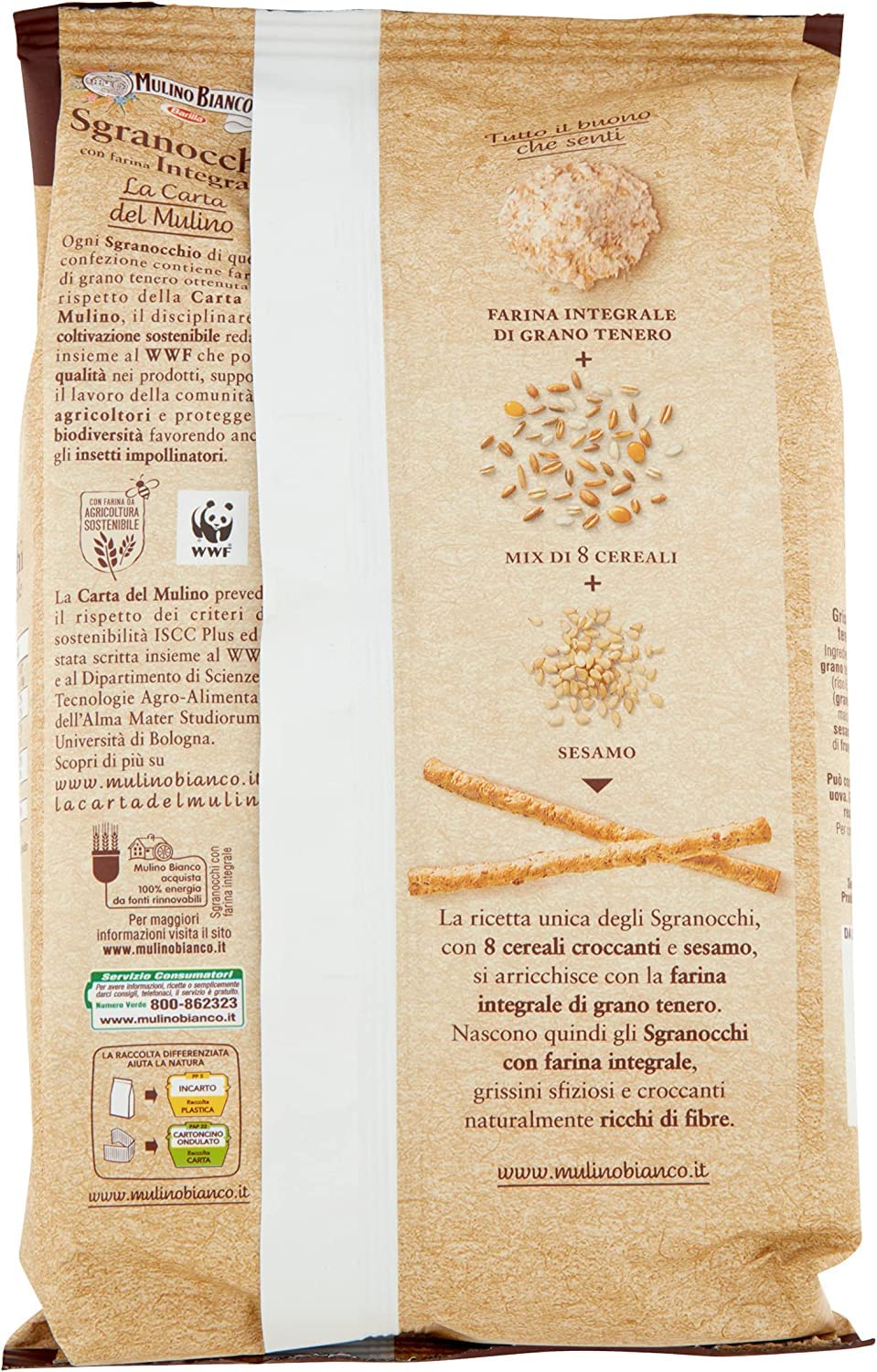 6x Mulino Bianco Grissini Sgranocchi con Farina Integrale Grissini mit Vollkornmehl, perfekt als Snack, 200 g