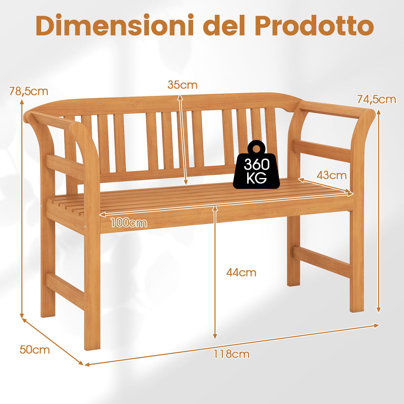 COSTWAY Panchina da Giardino in Legno di Acacia, Portata 360 kg, Panca da Patio per 2 Persone con Schienale Ondulato e Seduta a Doghe, Divanetto Esterno per Portico, Balcone e Parco (Modello 1)