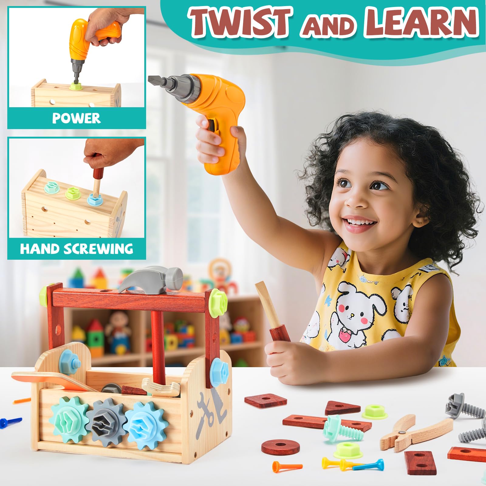 Juego de herramientas para niños – 54 piezas de herramientas de madera para niños pequeños con caja de madera, juguete educativo de construcción para niños de 2, 3, 4, 5, 6 años, taladro de juguete 3