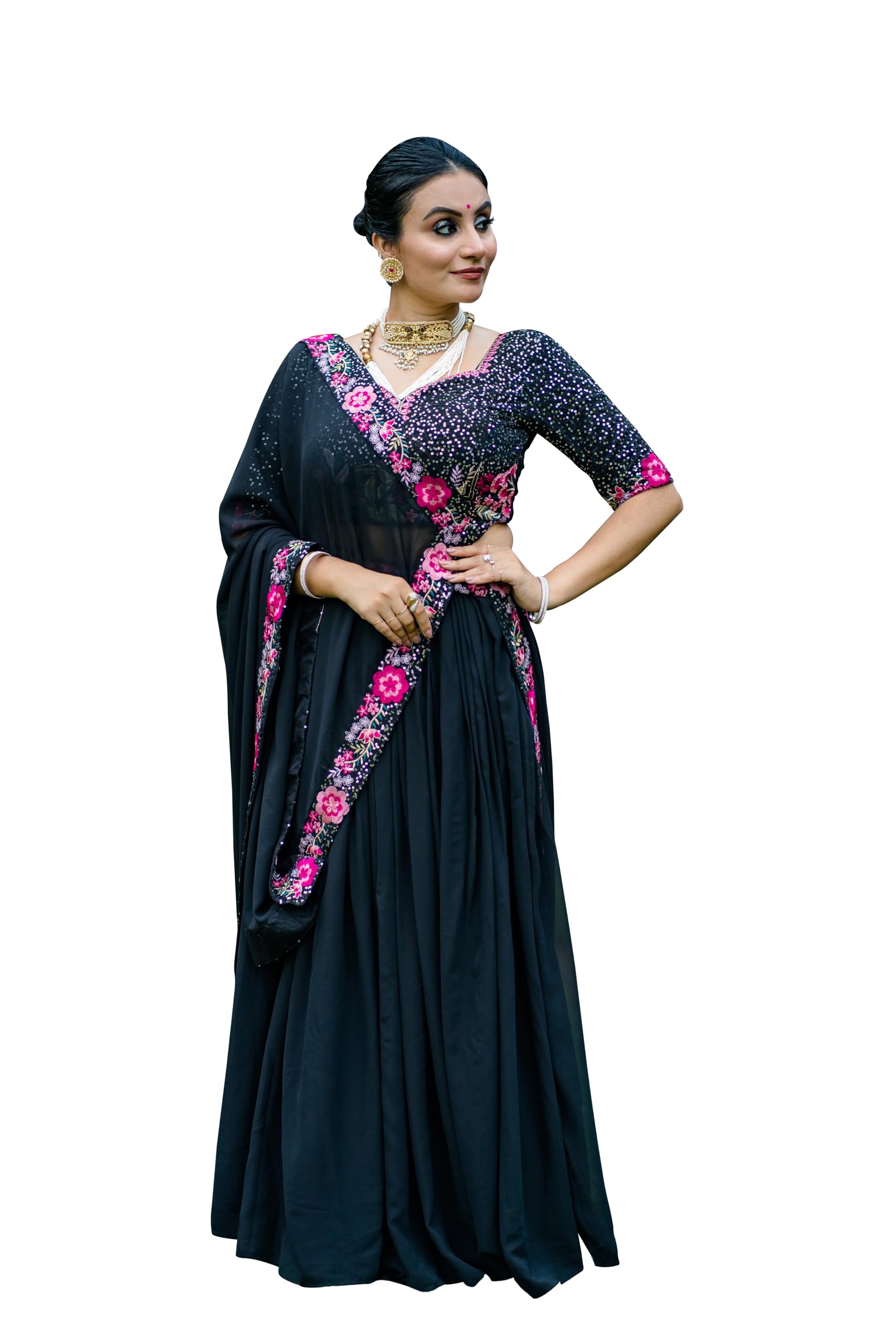 looknbook art Women's Sequins Thread Embroidery Work With Georgette Semi-Stitched Lehenga Choli, Black-picture-37