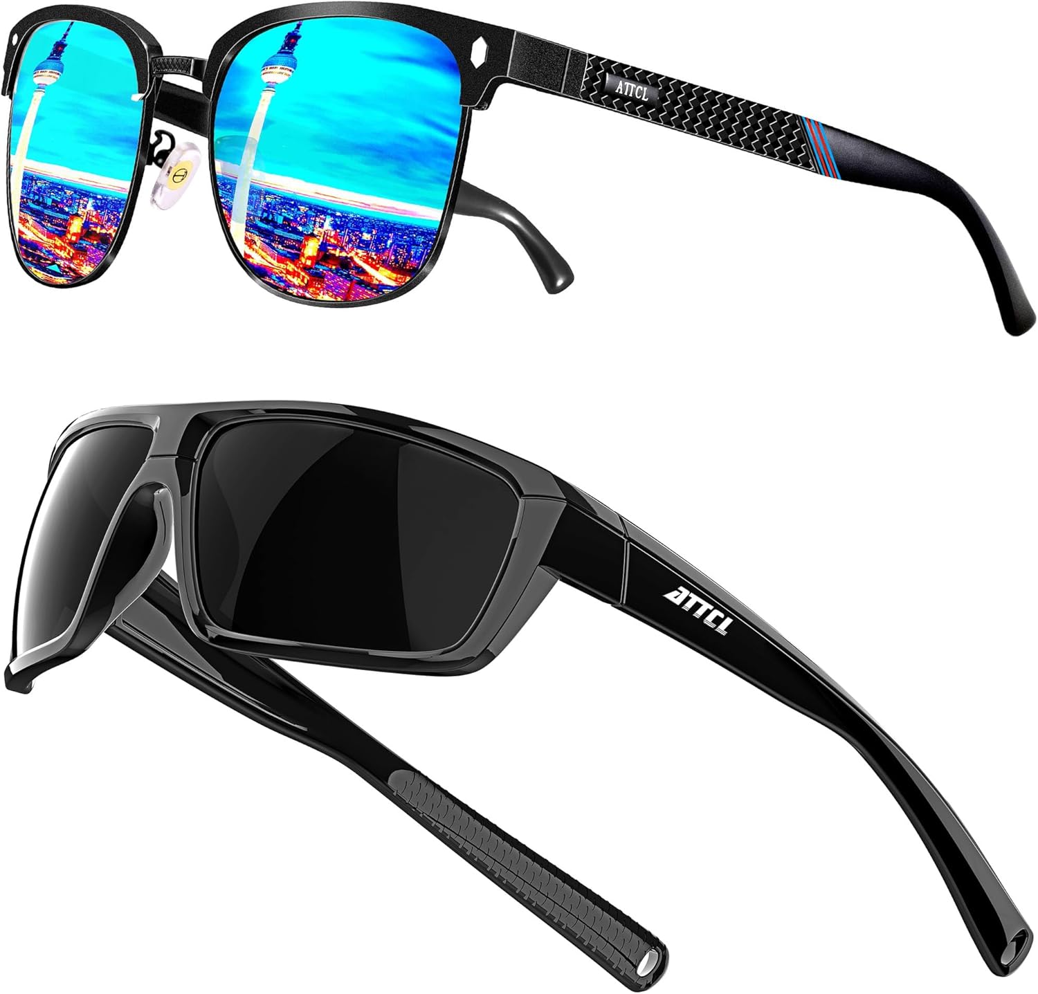 ATTCL Bundle Polarized Wrap Sunglasses For Men Cycling Driving Fishing - Sports Glasses Ultralight:(8188-black-blue)+(5001-Black)