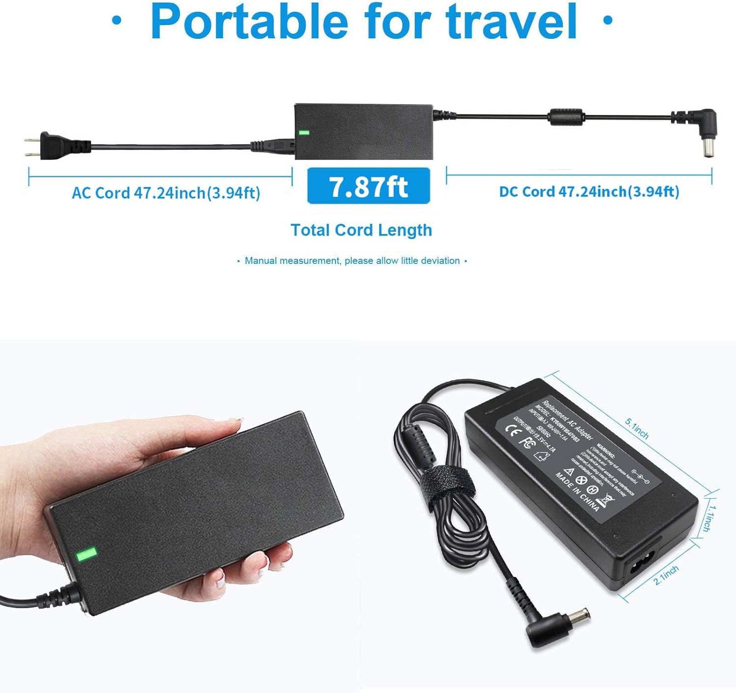 Emanjor AC adapter with both AC and DC cords connected, showing the total cord length of 7.87 feet.