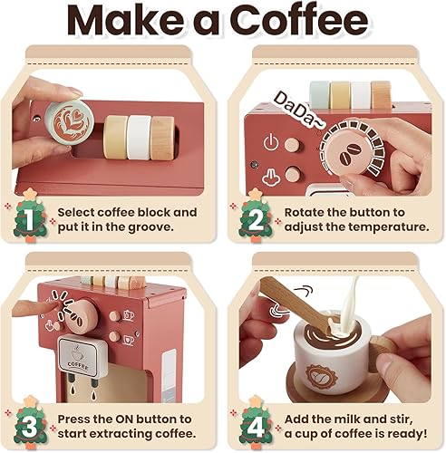 Miniatura 2 de BUYGER Cafetera de juguete para niños, juego de café de madera, juego de juegos de simulación, accesorios de cocina, regalos para niños de 3, 4 y 5