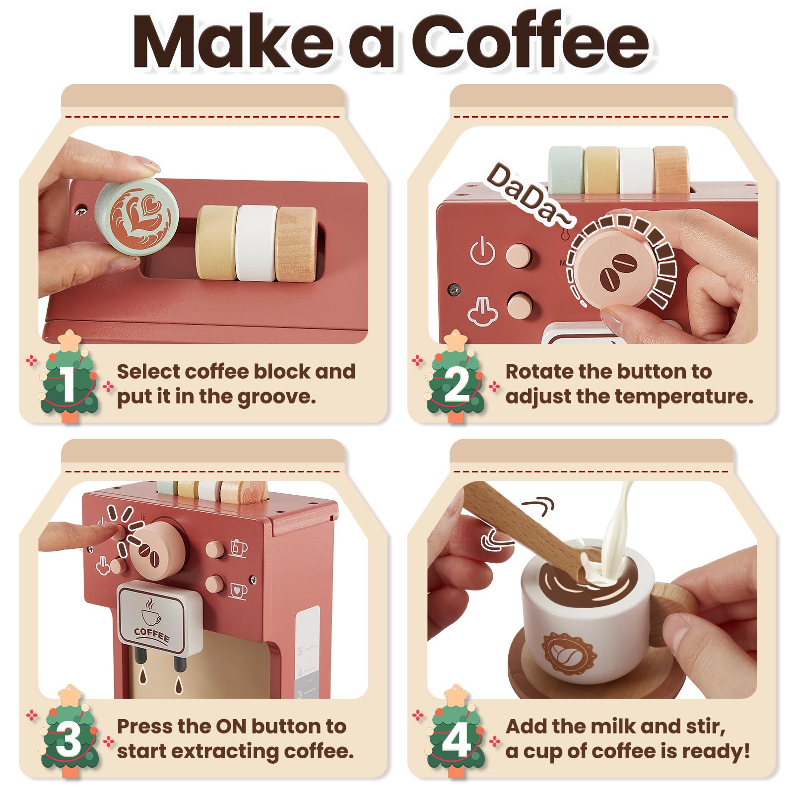 Cafetera de madera para niños, accesorios de cocina, juego de café, juego de té, regalos para niños de 3, 4 y 5 años, niños y niñas 2