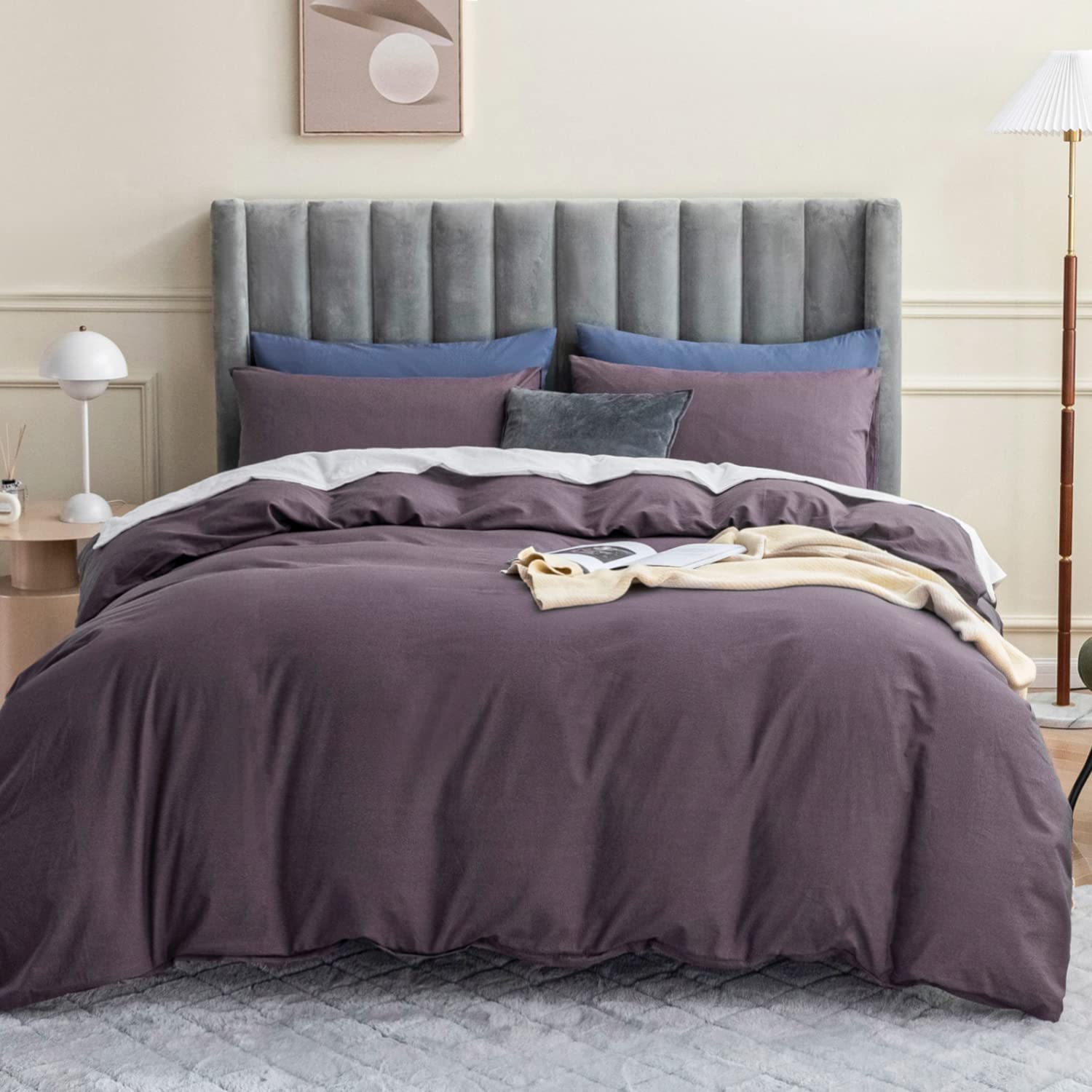 JELLYMONI Purple 100% Washed Cotton Duvet Cover Set, 3 Pieces Luxury Soft Bedding Set with Zipper Closure. Solid Color Pattern Duvet Cover Queen Size(No Comforter)