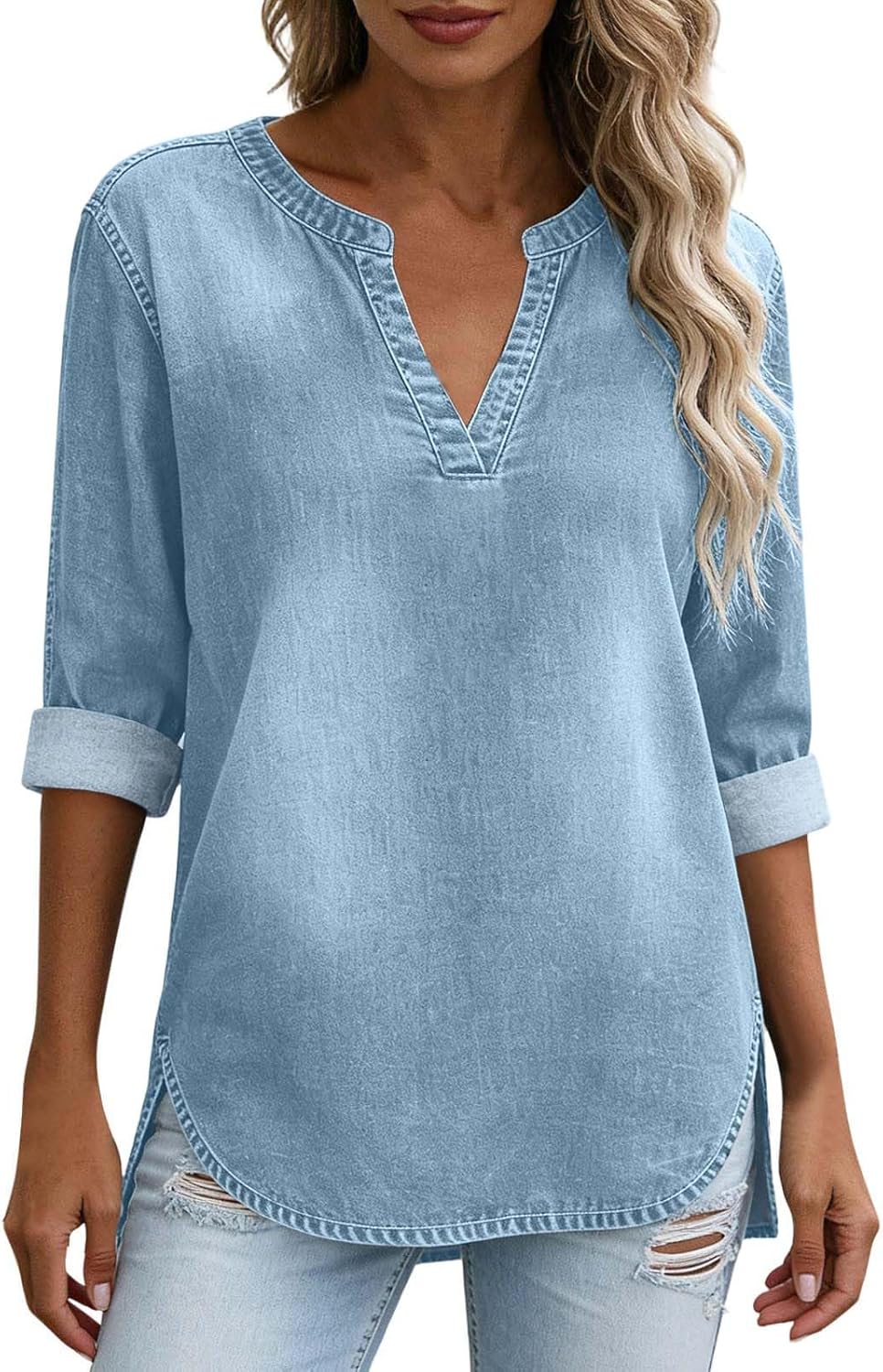 FZYLQY Women's Casual V Neck Chambray Tunic Top - 3/4 Rolled Sleeve Denim Style Blouse, Flowy High Low Hem Summer Shirt