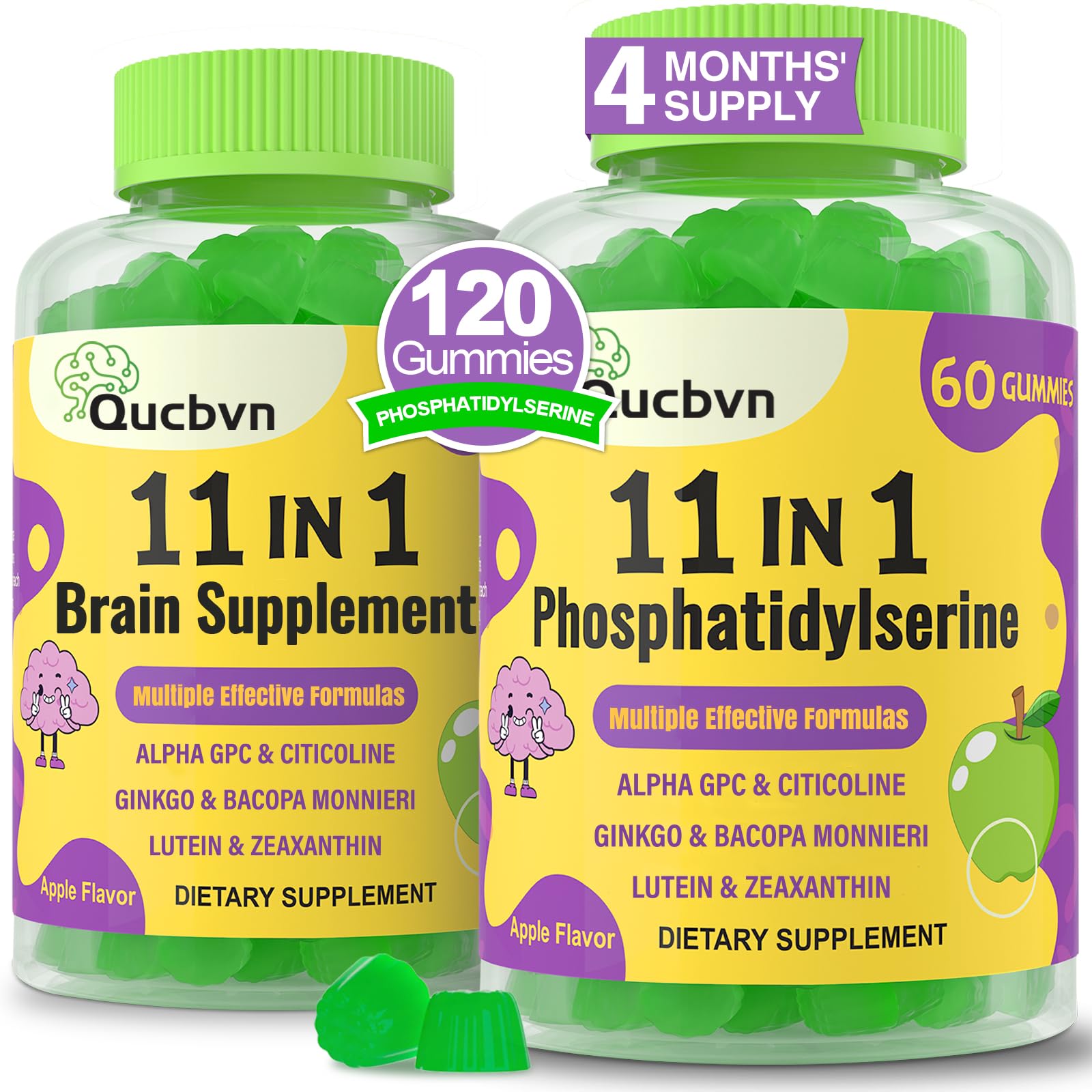 Qucbvn Suplemento para Foco e Memória com Fosfatidilserina 600 mg, 120 gomas