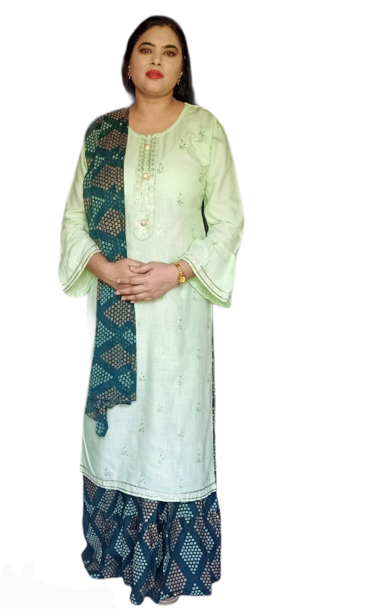 Cotton Suite with Skirt and Duptta (Sage Green with Sacramento Colore, XL)