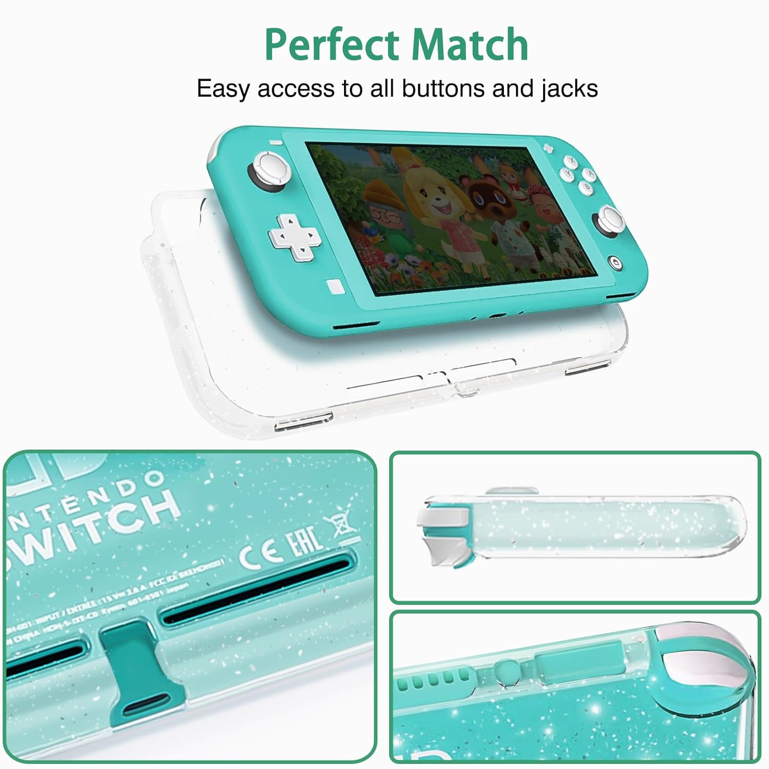 TIKOdirect Carrying Case for Switch lite, Shockproof Portable Travel Bag with Glitter Galaxy cover, Screen Protectors and Cute Leaf Thumb Grips Caps, Animal Crossing Green