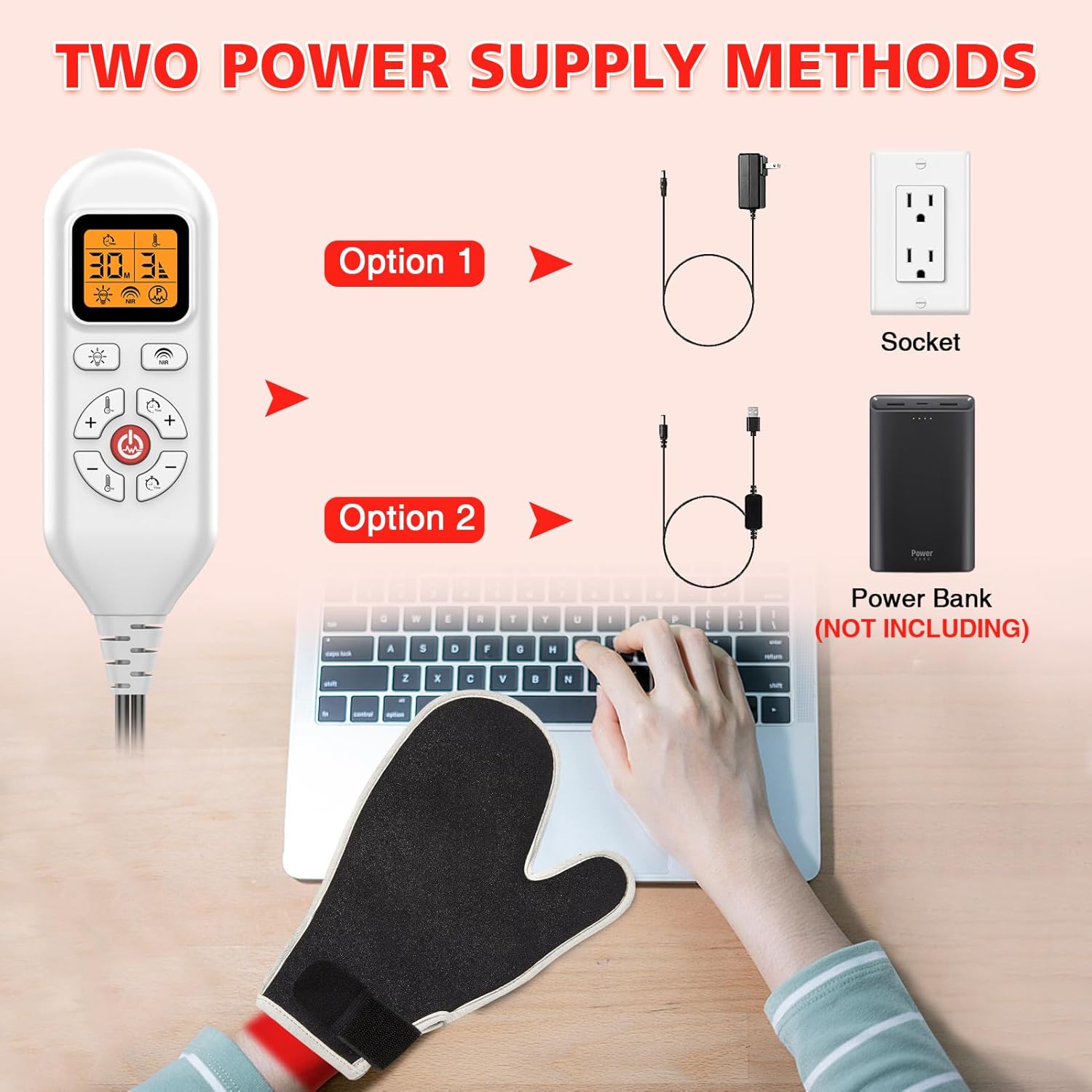 JOBYNA Red Light Therapy Glove, 850nm Near Infrared Light & 660nm Red Light for Hand Wrist Finger, Auto Shut Off & Adjustable Temperature, USB or Outlet Power Supply