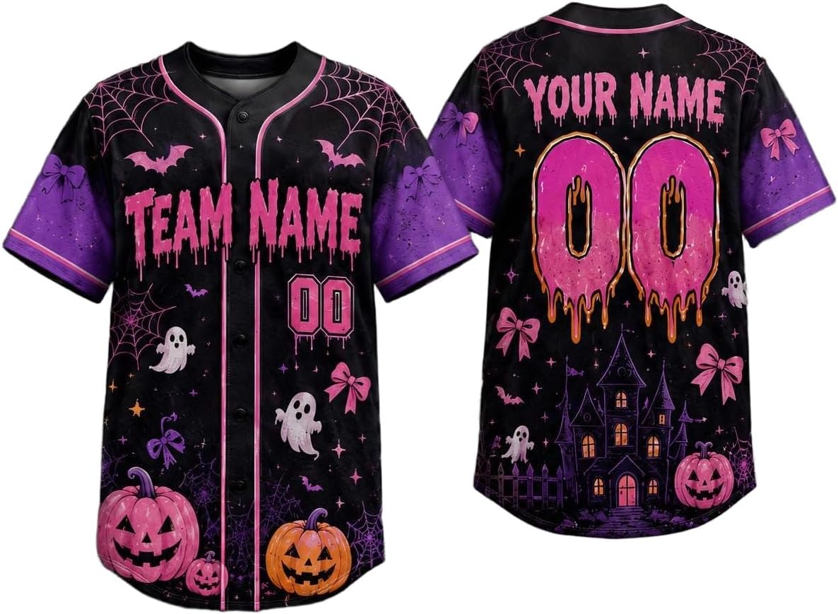 Custom Halloween Baseball Jersey for Men Women, Pumpkin Haunted House Shirt