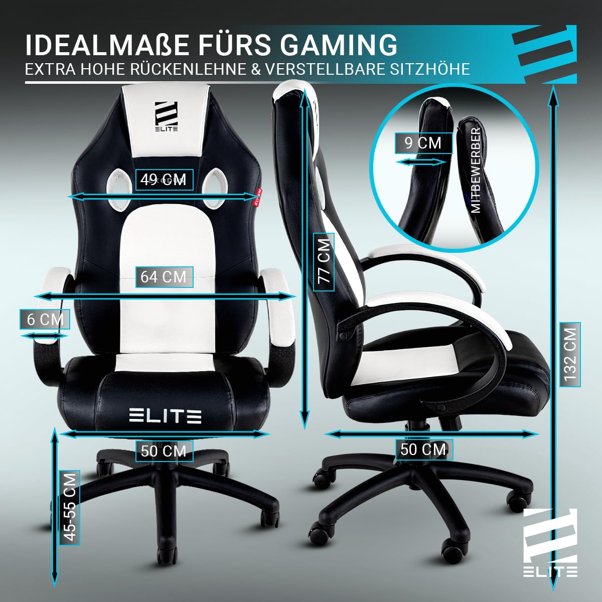ELITE Gaming Stuhl Exodus | Ergonomischer Bürostuhl - Schreibtischstuhl - Chefsessel - Sessel - Racing Gaming Stuhl - Gamingstuhl - Drehstuhl - Chair - Kunstleder Sportsitz (Schwarz)