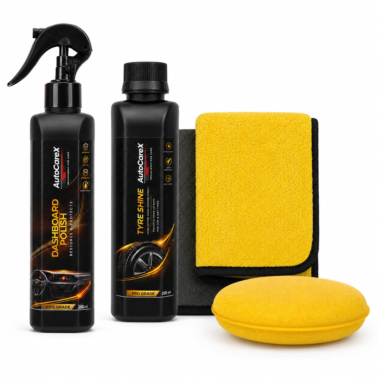 Interior Car Care Kit with Dashboard Polish & Tyre Shine | 4-Piece Detailing Set, UV & Dust Protection, Deep Black Tyre Finish, 350 GSM Microfibre Cloth, Foam Applicator Included-image-27