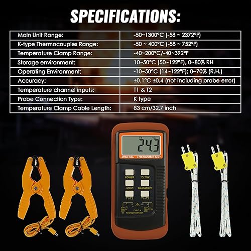 Miniatura 6 de Termómetro de termopar tipo K (-50  2,372.0 F), termómetro digital de canales dobles con 2 abrazaderas de temperatura, 2 sondas de termopar con