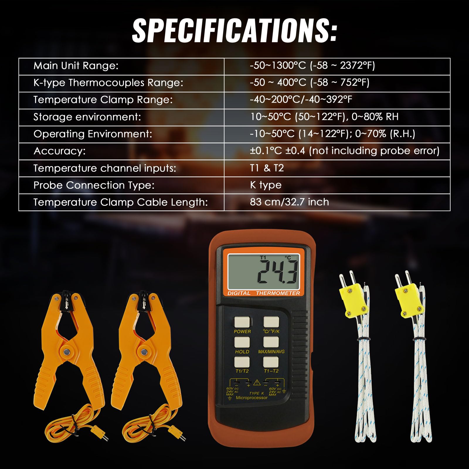 Termómetro digital de dos canales K (-50~1300 °C) Pinzas de temperatura y sondas cableadas, medidor de alta precisión Kelvin
