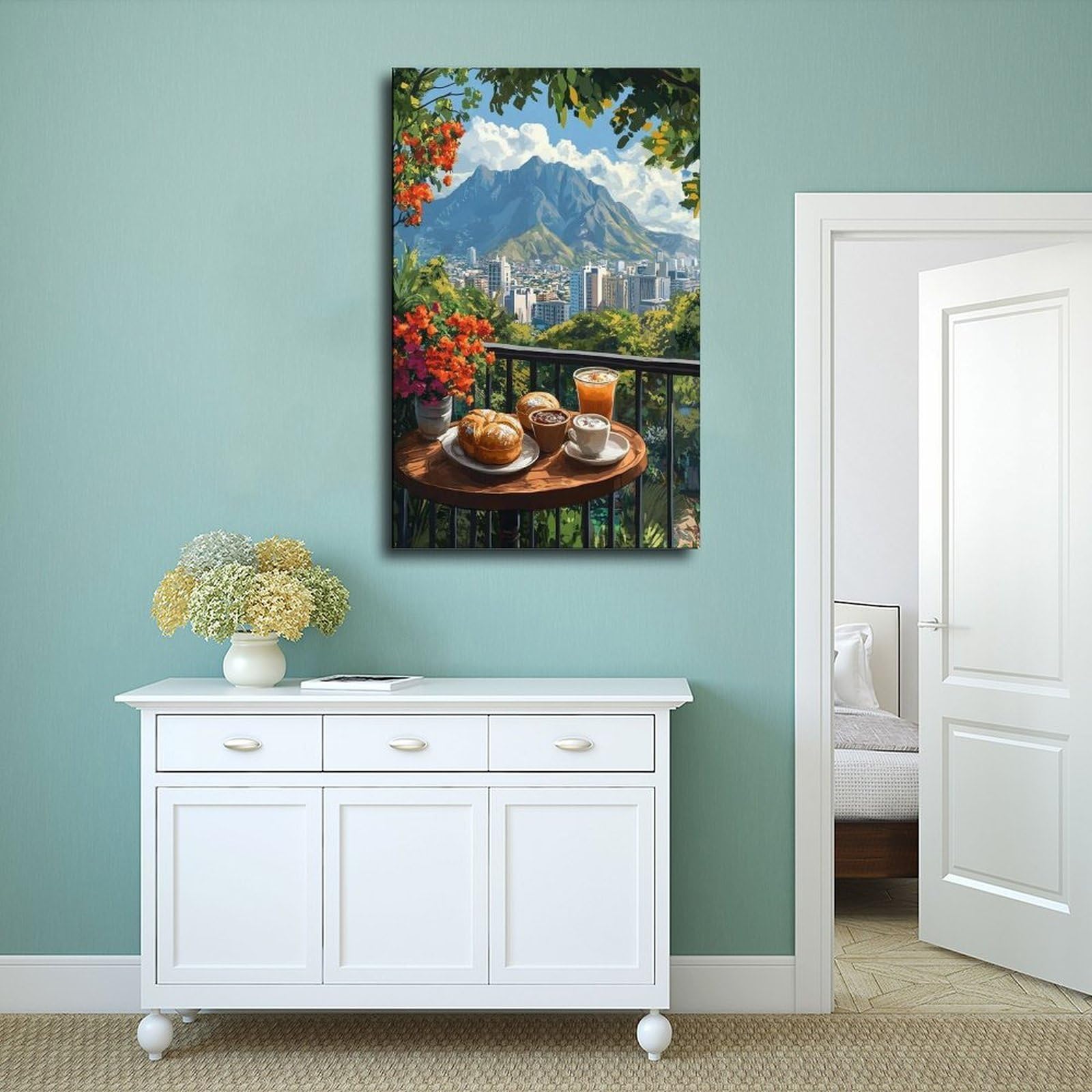 QOTOPGPG Poster su tela con vista sul balcone di Pan Dulce Breakfast, Monterrey, decorazione per camera da letto, ufficio, stanza, regalo, 40 x 60 cm
