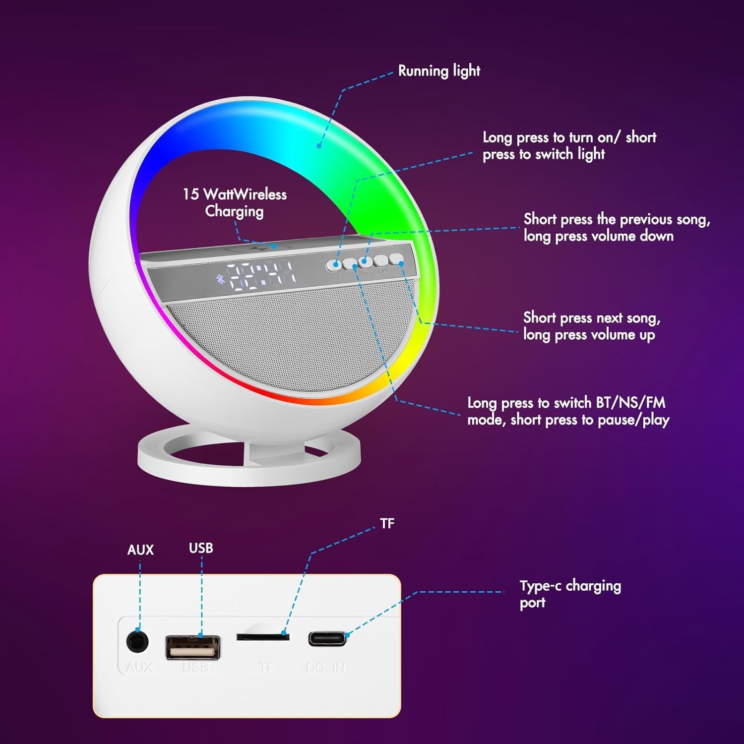 Mood Lamp with Up to 15W Wireless Charger, 6 in 1 Smart Alarm Clock, Bluetooth Speaker, LED Table Lamp with 12 RGB Colors, Bedside Nightstand Lamp, Modern Desk Lamp Gift - G5 - Image 6
