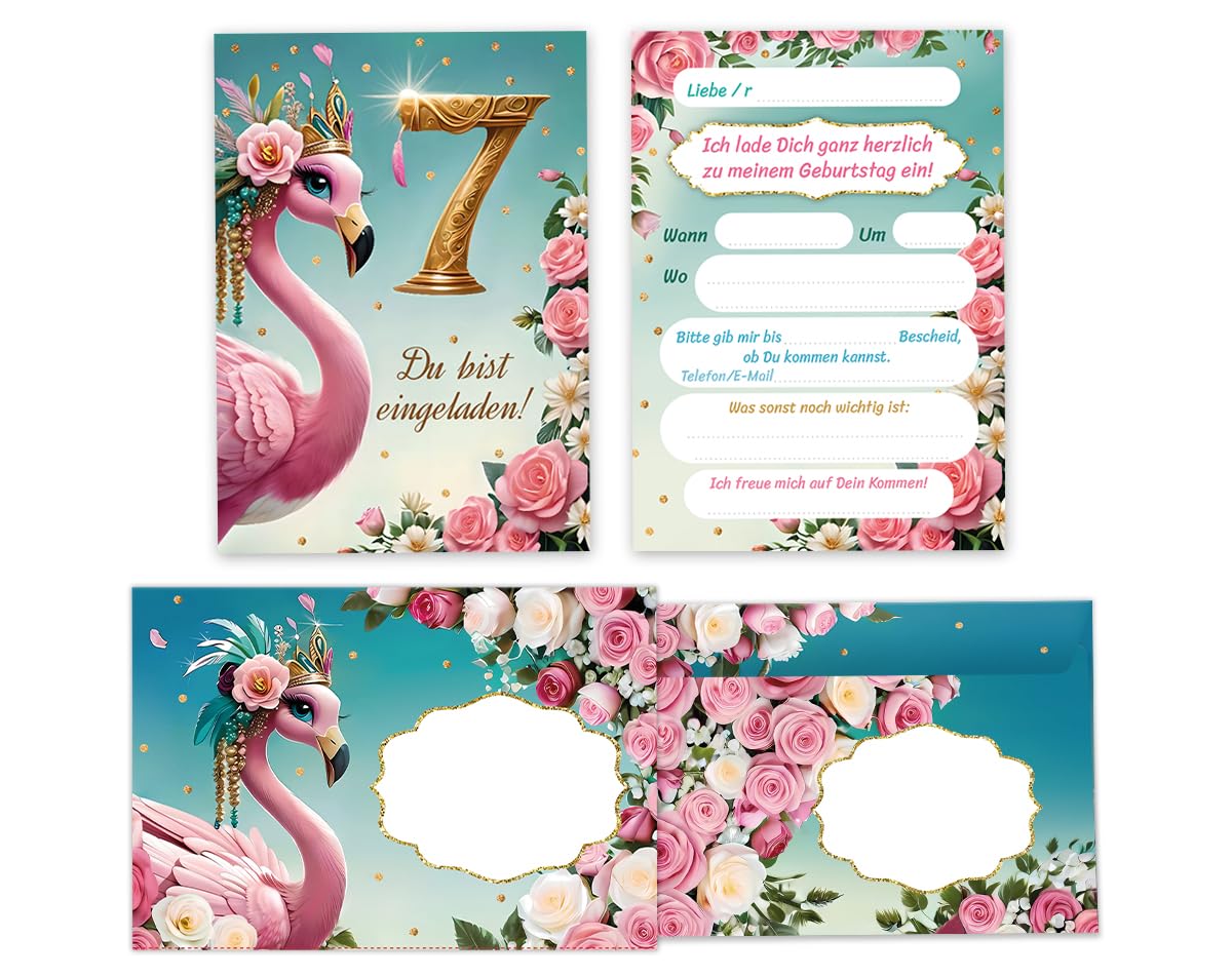 JuNa-Experten 12 Einladungskarten incl. 12 Umschläge zum 7. Kindergeburtstag Mädchen Flamingo coole bunte Einladungen siebte Geburtstag Mädchengeburtstag