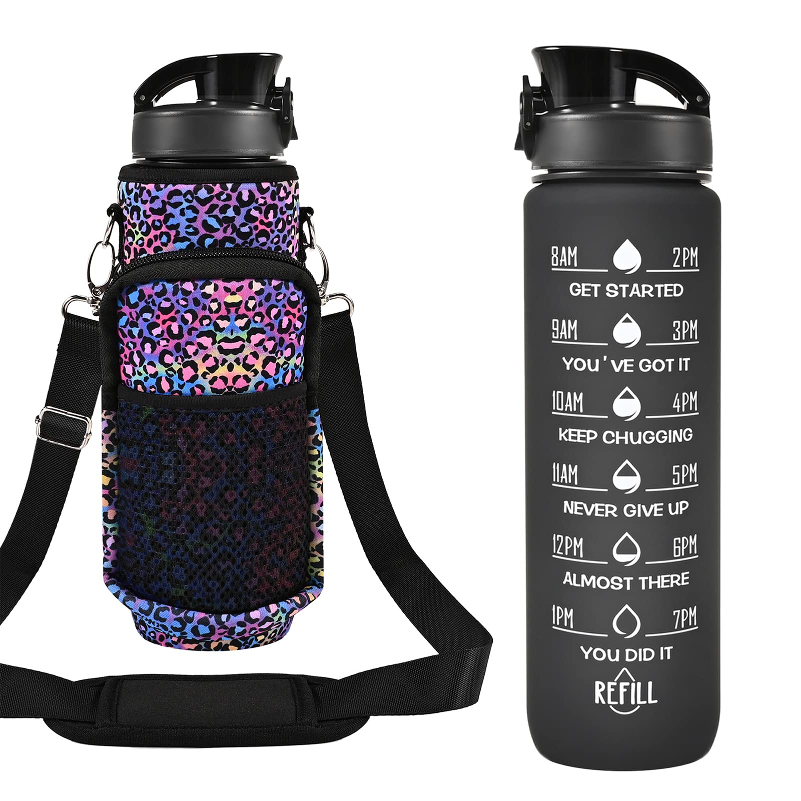 Newfad 32 oz Water Bottles with Straw & Strap, Motivational Water Bottles with Times to Drink, BPA Free Reusable Sports Water Bottle with Sleeve