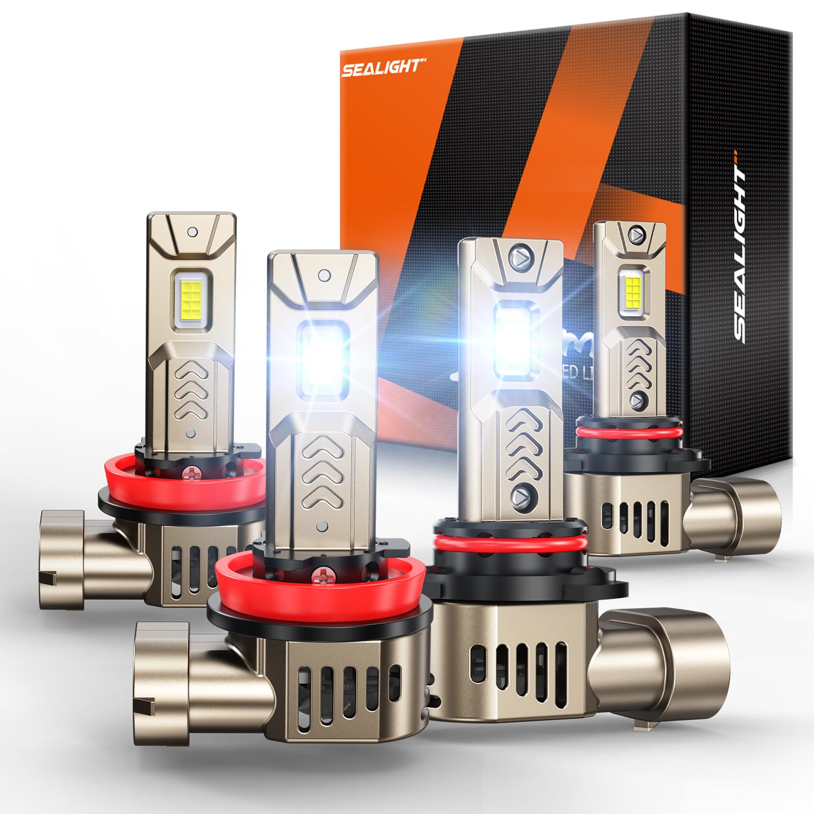 SEALIGHT 9005/HB3 H11/H9/H8 LED Bulbs Combo, 1200% 140,000LM Super Brightest Light Bulb, 6500K Cool White, 70,000Hrs Long Service Life with 25000RPM Cooling Fan, Plug and Play, 4 Pack