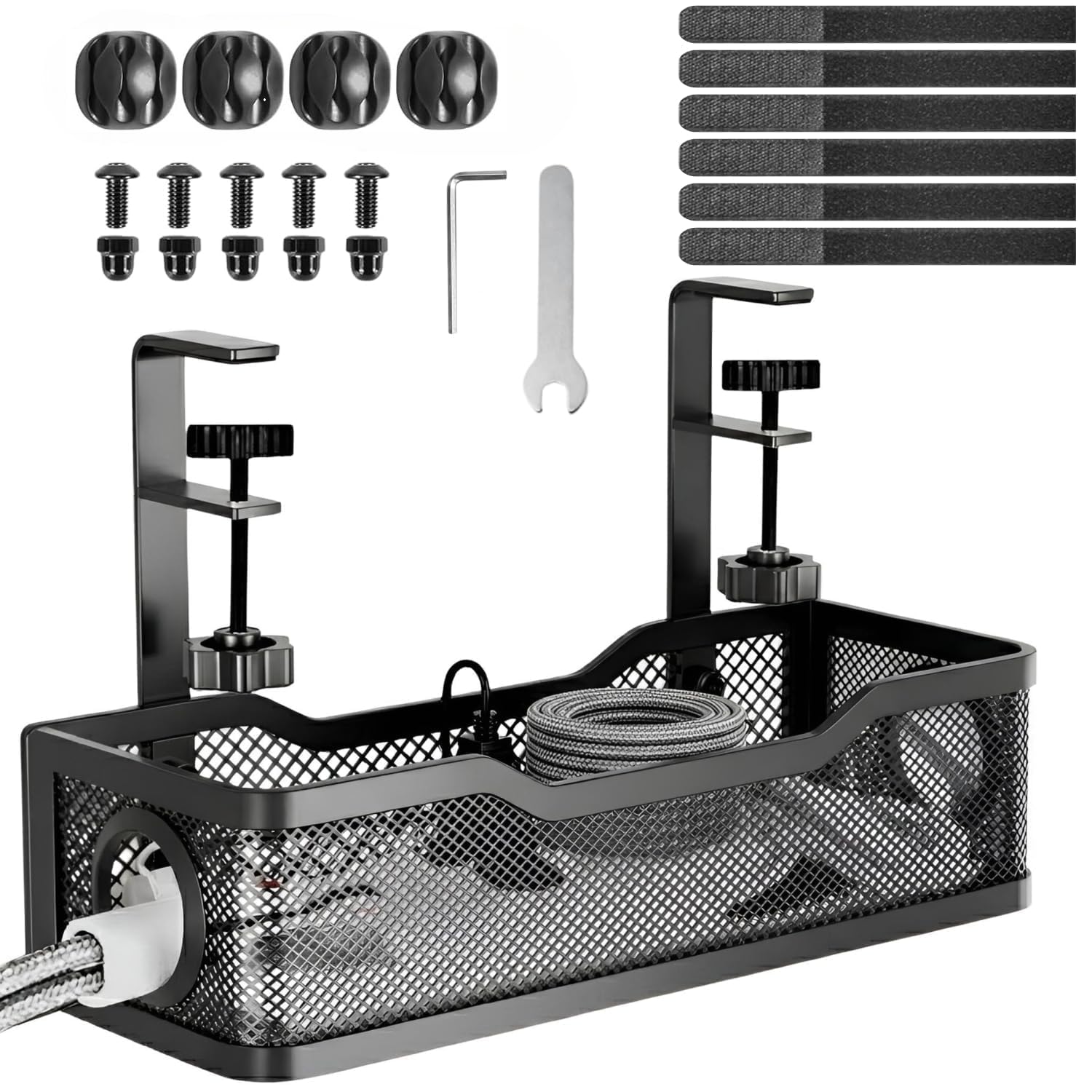 Under Desk Cable Management Tray | Metal Mesh Cable Organizer with Clamp Mount | No Drill Wire Holder for Power Strip, Cord & Extension Board | Adjustable Desk Tray for Home & Office-Black-image-12