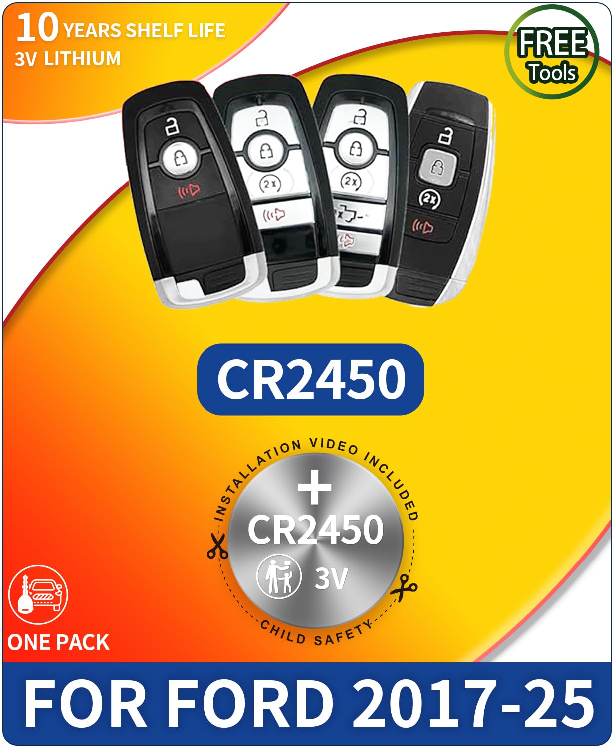 Key Fob Replacement Batteries for Ford/Lincoln (F150 Explorer Edge Fusion Bronco Escape Mustang Expedition Transit Ranger Maverick EcoSport MK Nautilus Corsair Navigator Lightning) 1-Pack CR2450