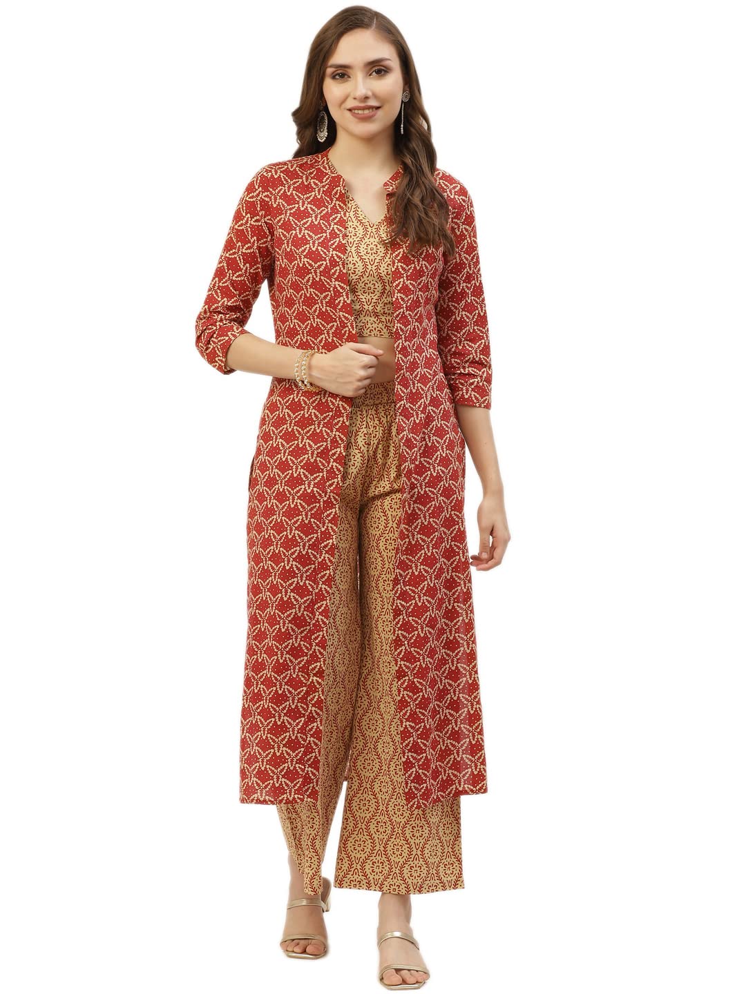 KBZWomens Cotton Printed Top Palazzo Shrug Set