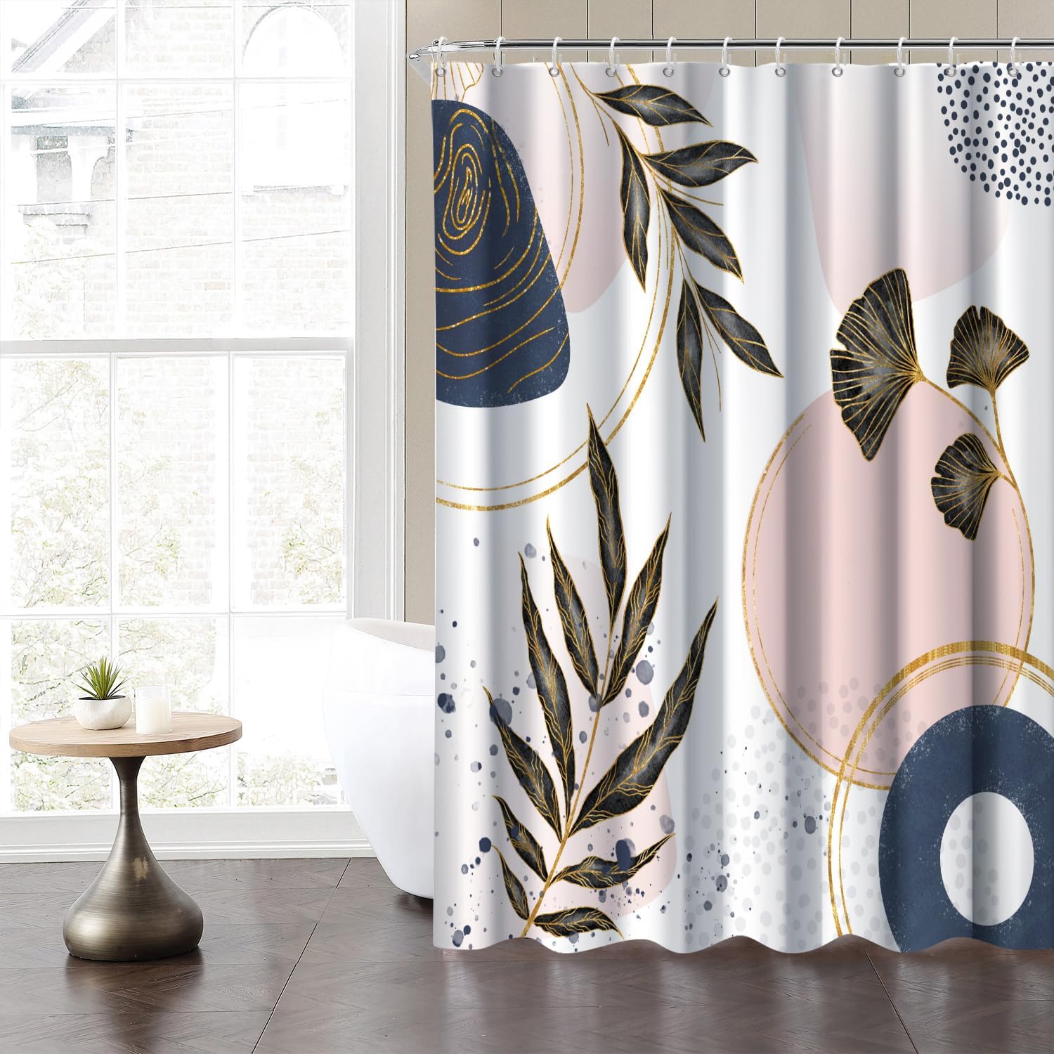 Mid Century Abstract Art Boho Shower Curtain Bathroom Set Gold Ginkgo Minimalist Tropical Leaves Navy Blue Farmhouse Bath Accessories Modern Pink Waterproof Fabric with Hooks 65x72 inches