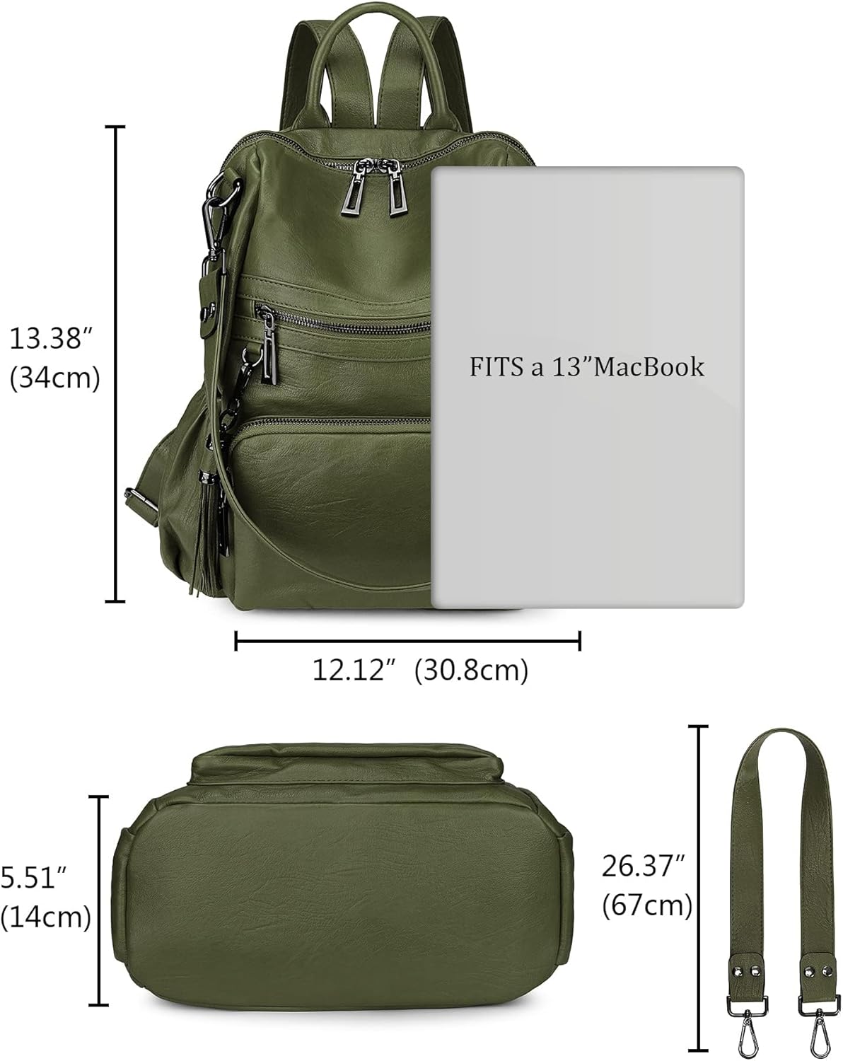 Uromee Backpack Purse for Women Vegan Leather Ladies Fashion Travel Tassel Shoulder Bag Convertible Green bag - Image 7