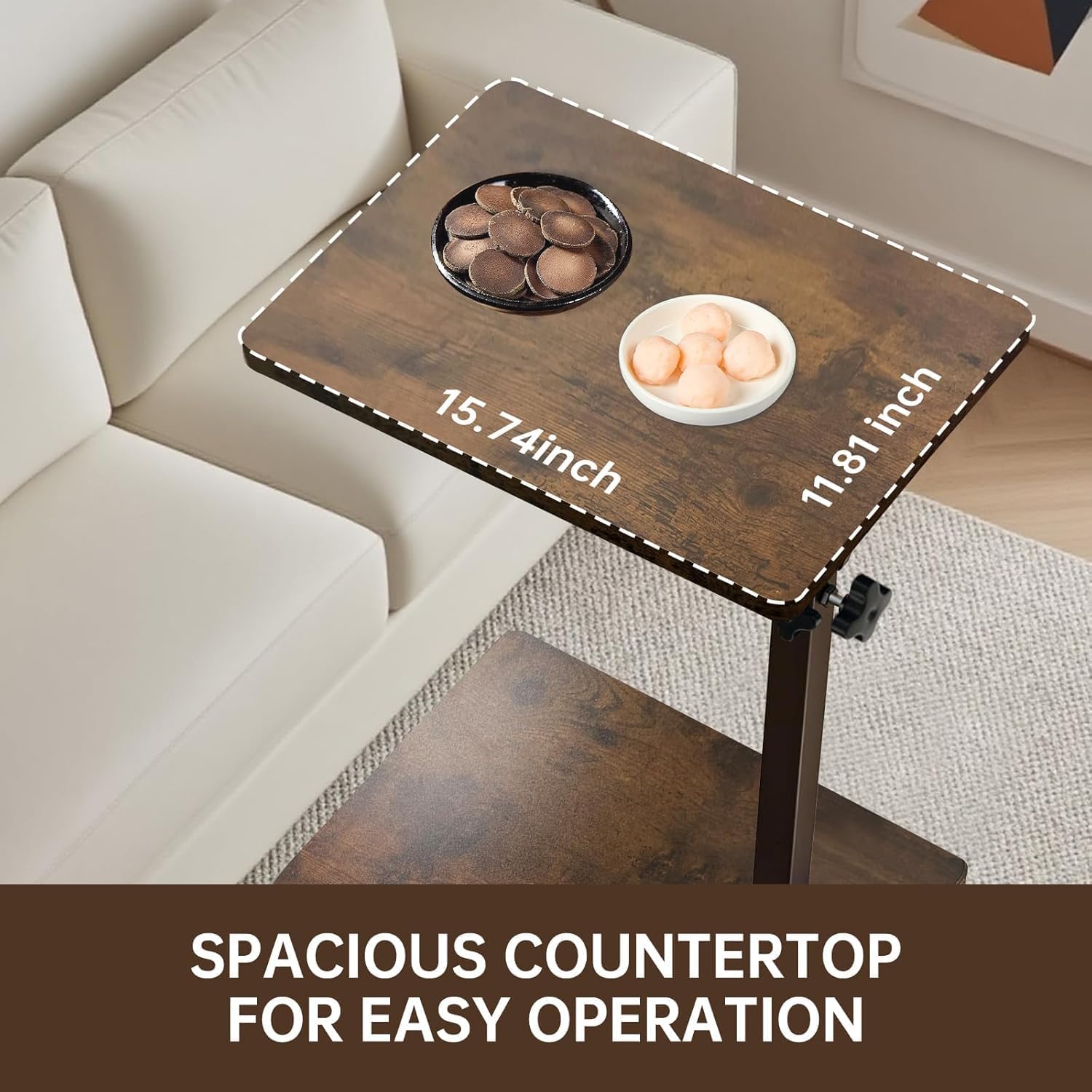 Mesa Auxiliar en Forma de C, Altura Ajustable, Mesa de Sofá con Ruedas, Mesa Pequeña, Side Table, Mesa de Café, Mesa de Cama, Mesa de Noche, Mesa de Cuidados para Salón, Dormitorio, Baño
