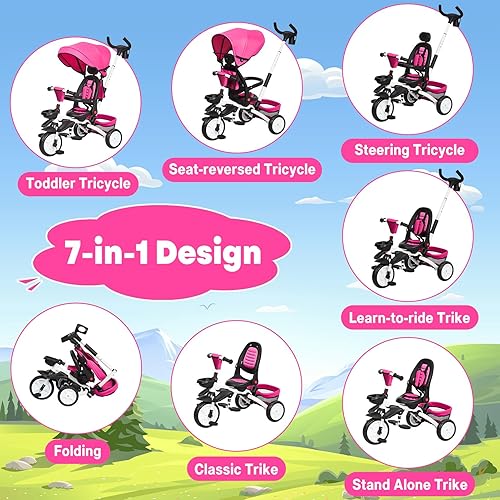 Miniatura 2 de Triciclo para bebé, bicicleta plegable 7 en 1 con mango de empuje ajustable extraíble, toldo, asiento giratorio, arnés de seguridad, portavasos y