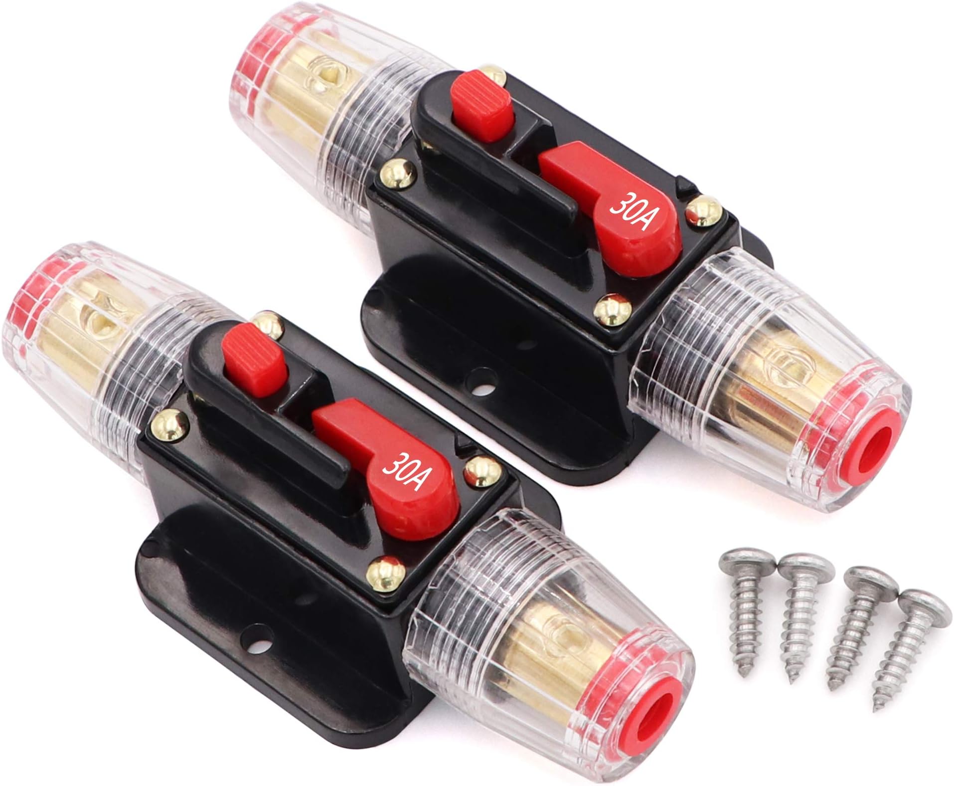 (30 Amp, 2 pcs with Screws) - 2 pcs 30A Audio Inline Circuit Breaker Reset Fuse 12V-24V DC, PowMr Reset Fuse Holder 30 amp with Manual Reset for Car Audio, Stereo Switch and Solar Inverter System