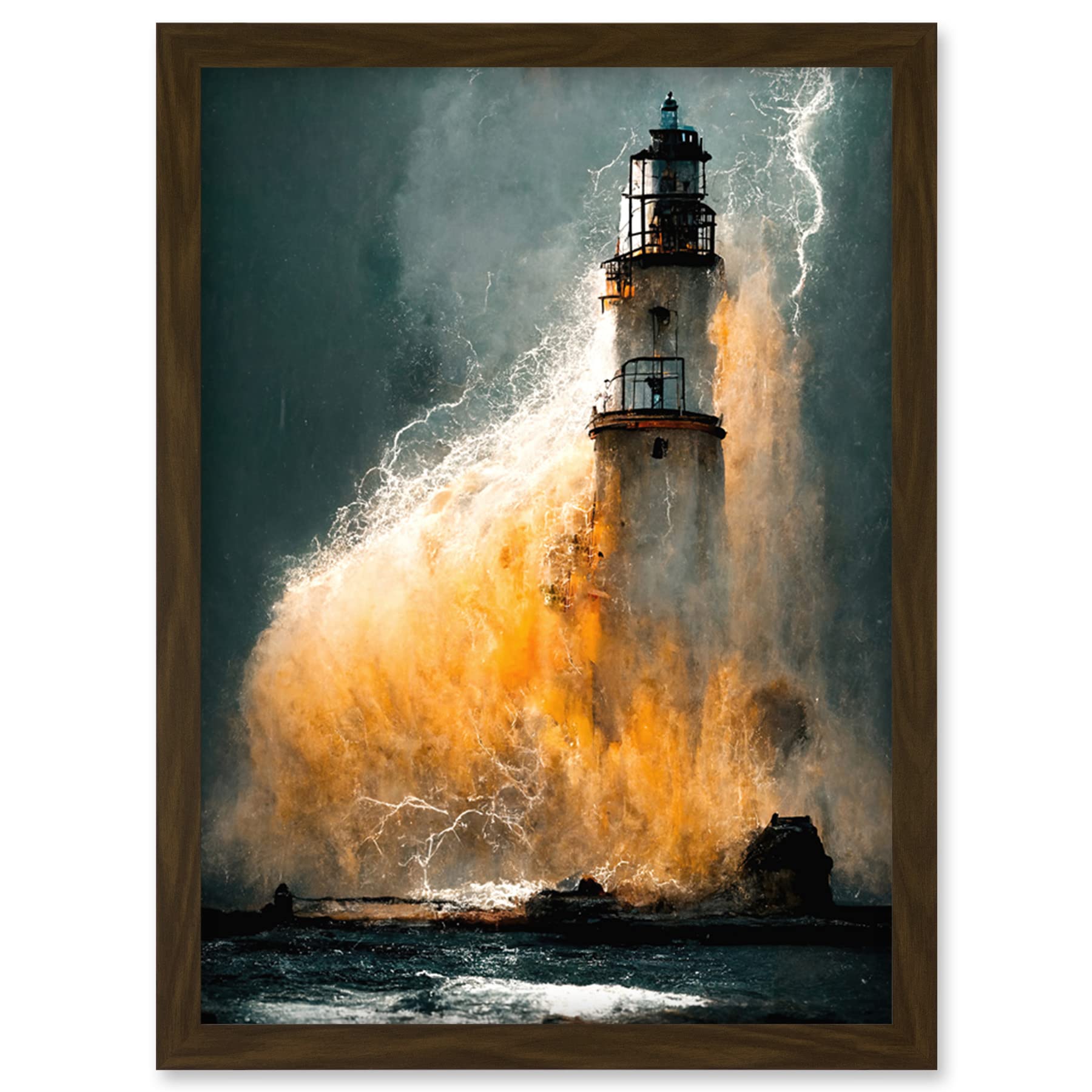 Doppelganger33 LTD Lighthouse Storm French Coastline Lightning Hurricane Artwork Framed Wall Art Print A4