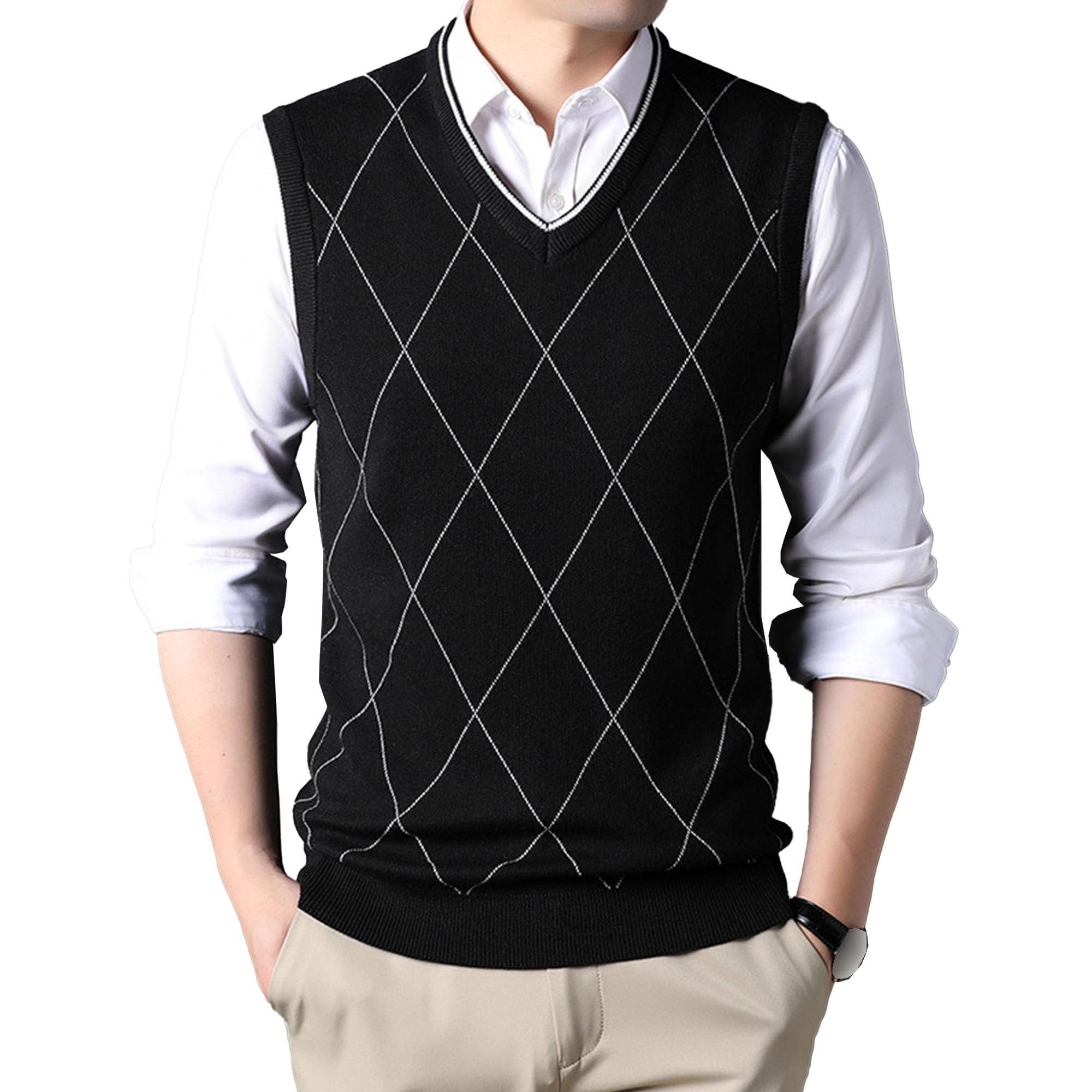Men's Diamond Knitted Vest Male Slim Fit V Neck Sweater Vest