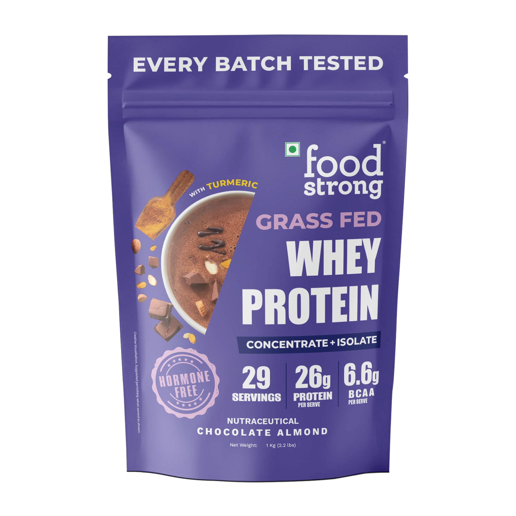 Foodstrong Whey Protein Powder (Concentrate + Isolate), 100% Hormone Free Grass-Fed Whey, 26G Protein & 6.6G BCAA, Chocolate Almond, With Turmeric & Digestive Enzymes, 1KG