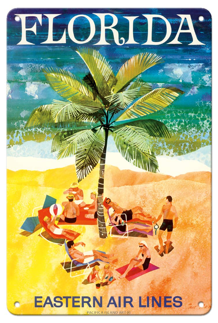 Pacifica Island Art Florida - Eastern Air Lines - Sunbathers Around Palm Tree - Vintage Airline Travel Poster by Jane Oliver c.1960s - 8in x 12in Vintage Metal Tin Sign