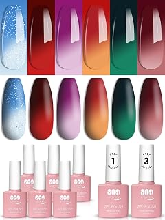 YTD Likomey Color Changing Gel Nail Polish 6 Colors with Base and Top Coat Kit,Fall Winter Mood Temperature Change Colors Red Green Blue Ombre Thermal Manicure UV Color Gel Set,8 Pcs 7.5 ml
