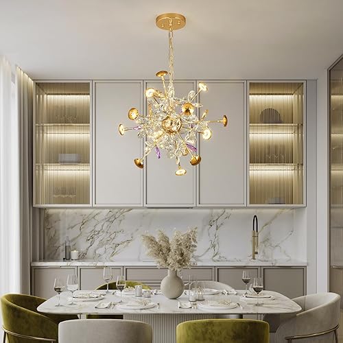 Miniatura 8 de Candelabros modernos de cristal, lámpara de diente de león dorada de 12 luces, lámpara Sputnik con flores de cristal, lámparas colgantes de fuegos