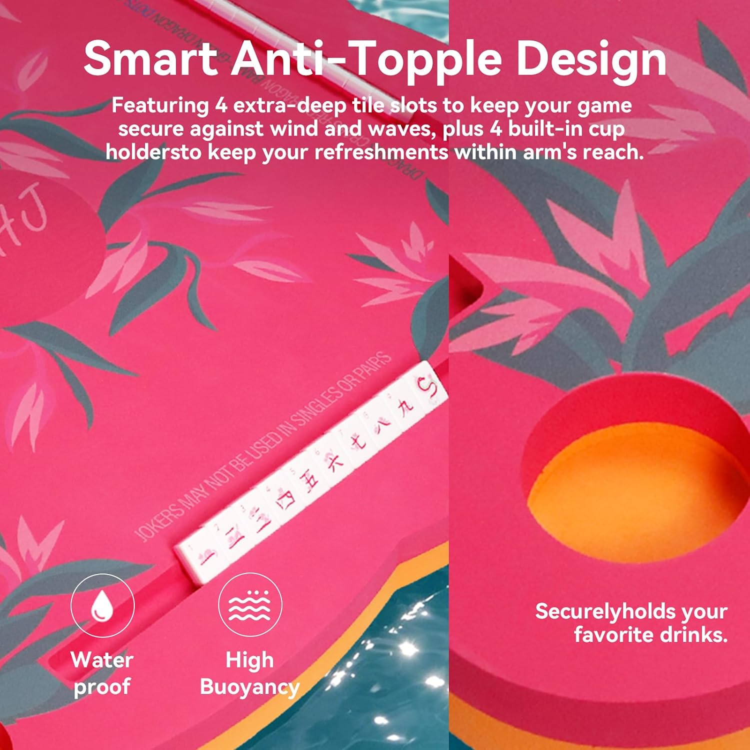 Luxury Floating Mahjong Table for Pool,31.5" EVA Foam Pool Float Board Game Tray with Cup Holders & Tile Slots, American Mahjong Summer Party Supplies (Orchid Bloom Series)(Rose Pink)