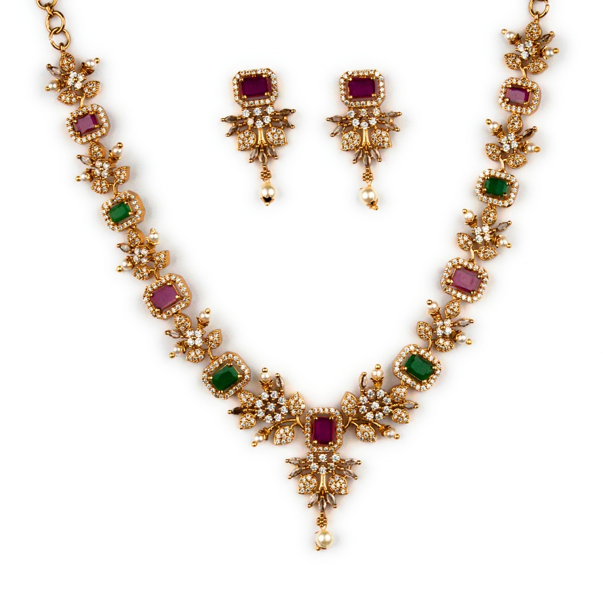 Sasitends Traditional Temple Wear Matte Gold Plated Lakshmi Floral AD Stone Necklace Jewellery Set-image-33