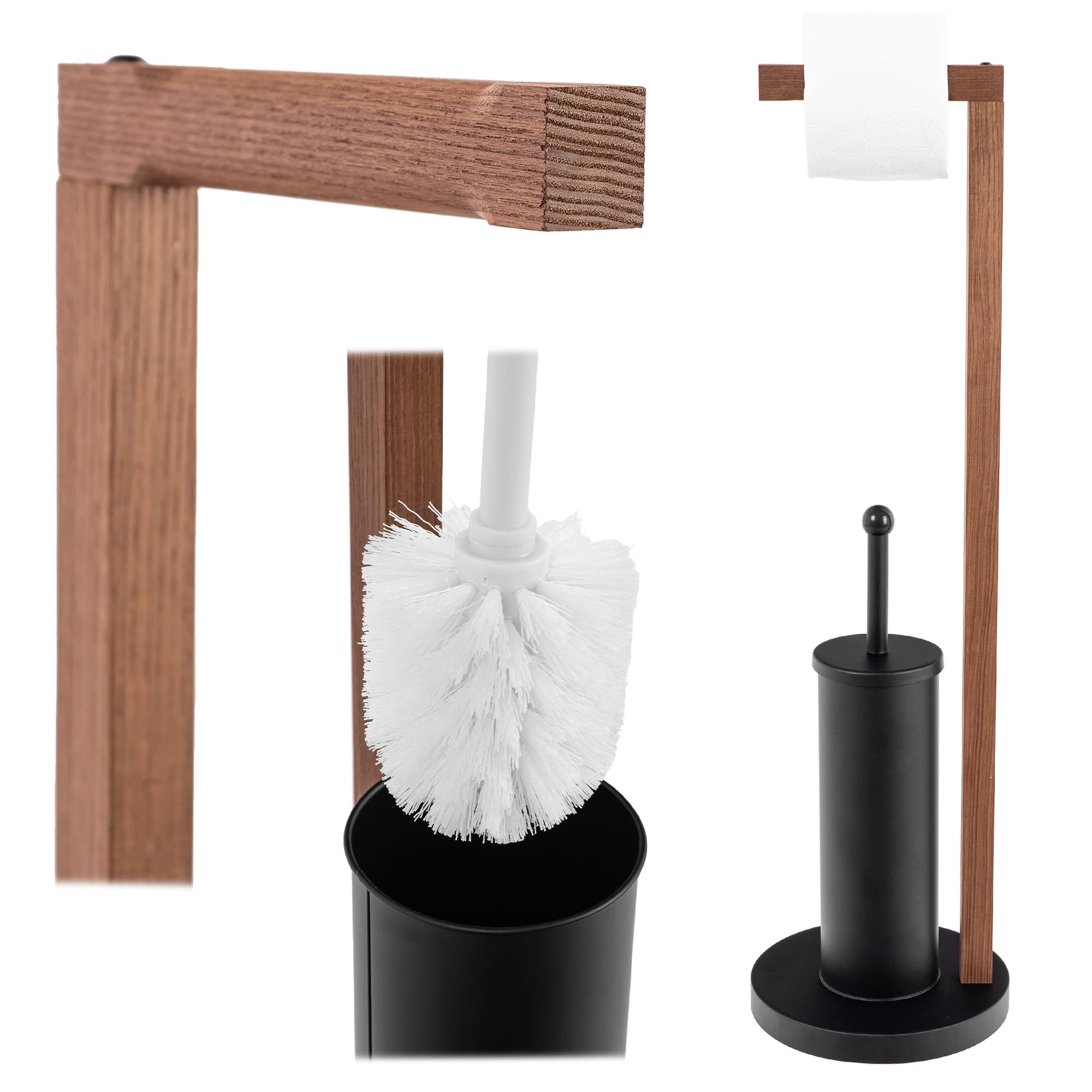 KADAX Toilettenpapierhalter mit integrierter Klobürste, Klopapierhalter Stehend mit Toilettenbürste für Badezimmer, WC Garnitur aus Stahl und Holz (Schwarz)