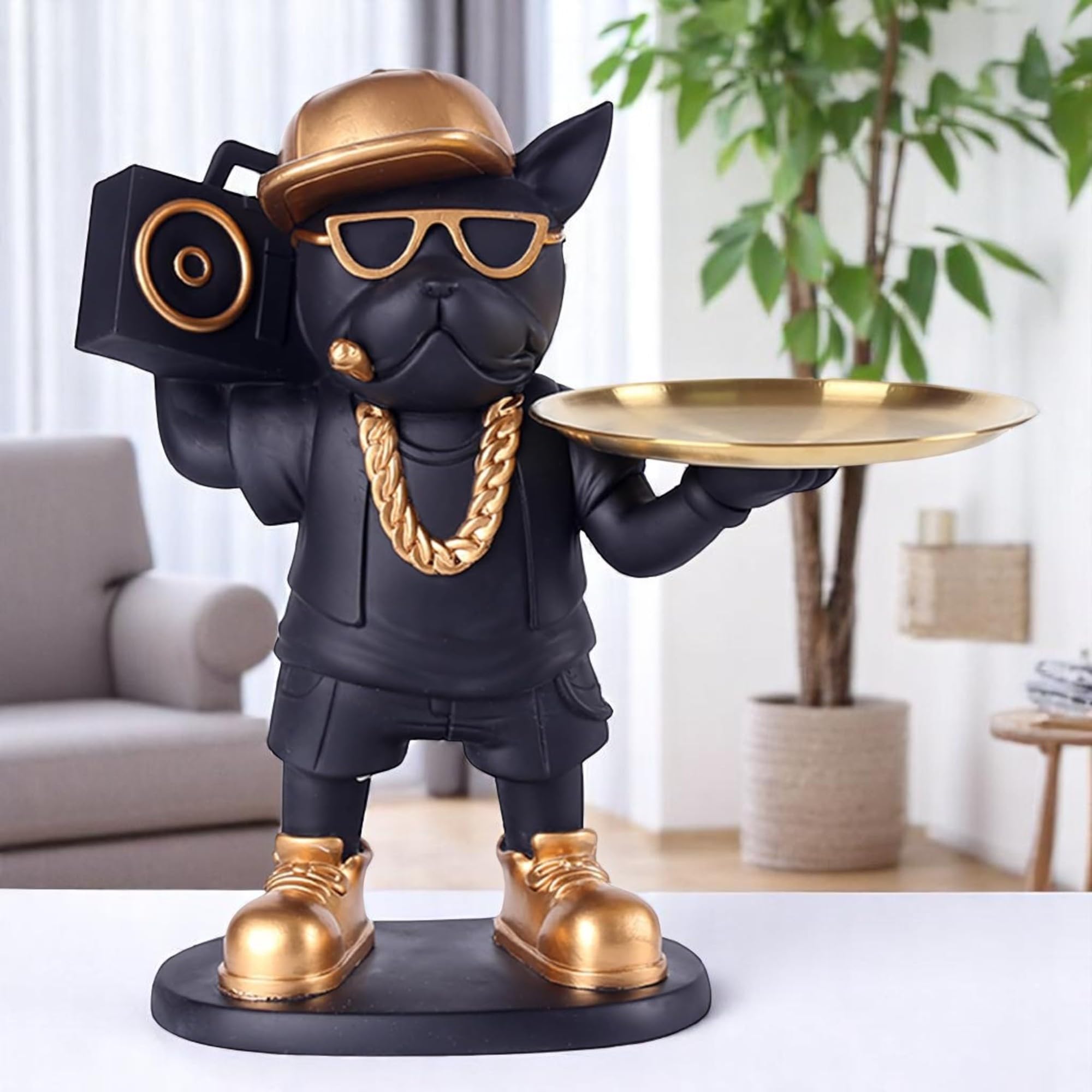 ETX Hip Hop French Bulldog Resin Tray Holder | Black and Gold