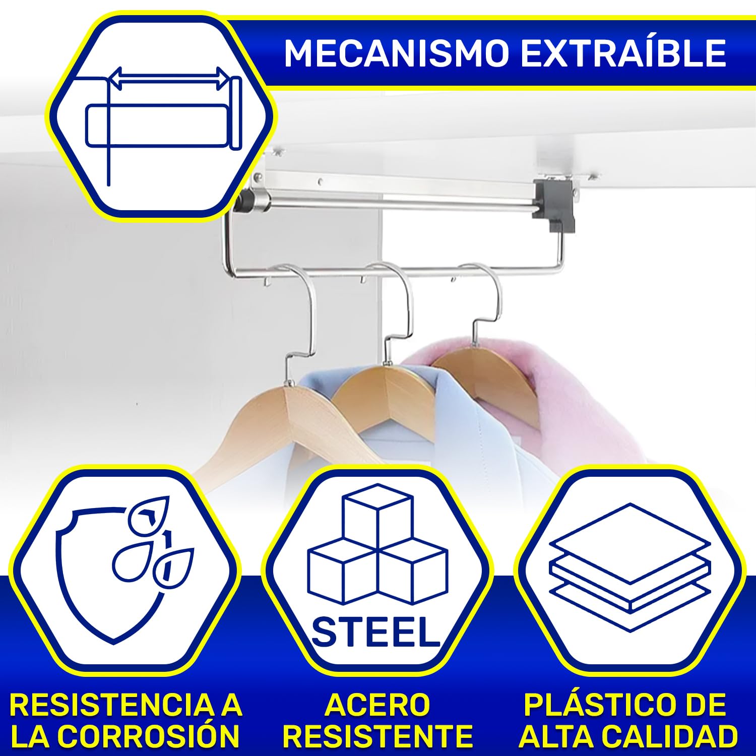 Perchero Extensible Armario 400 mm - Percheros Extraibles Fabricado en Acero se Adapta a Varios Tipos de Armario Ropero - Garantía de 10 Años - MONTERAL