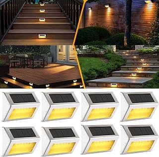 8 Pack Solar Deck Lights Outdoor Stair Lights, Warm White 6 LED Solar Step Lights Waterproof Stainless Steel Fence Lights Solar Powered Outdoor Lights for Yard, Patio, Porch, Wall, Garden Decor