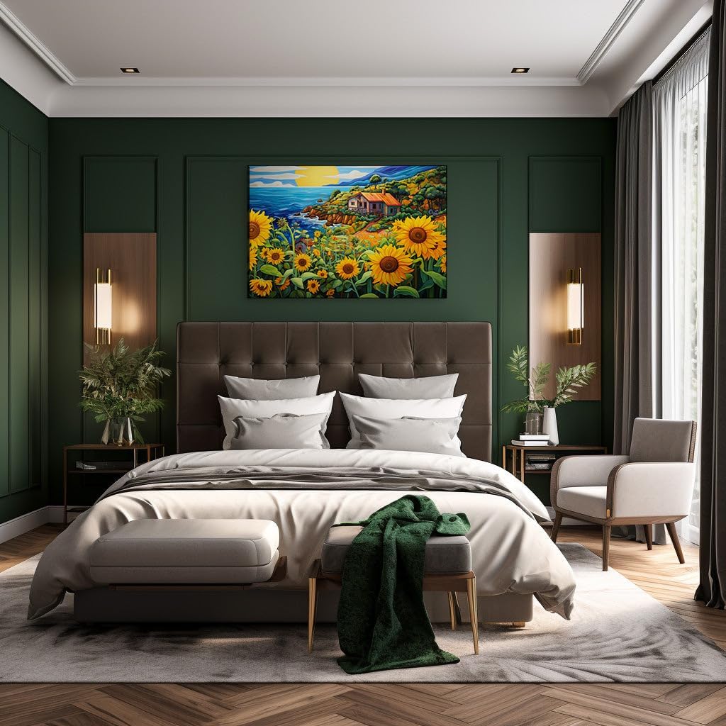 Canvas for Living Room. Seaside Serenity: A Vivid Portrait of Coastal Charm and Blooming Sunflowers, 27 x 18 inch Canvas Wall Art - Contemporary Masterpieces - Botanical Home Decor