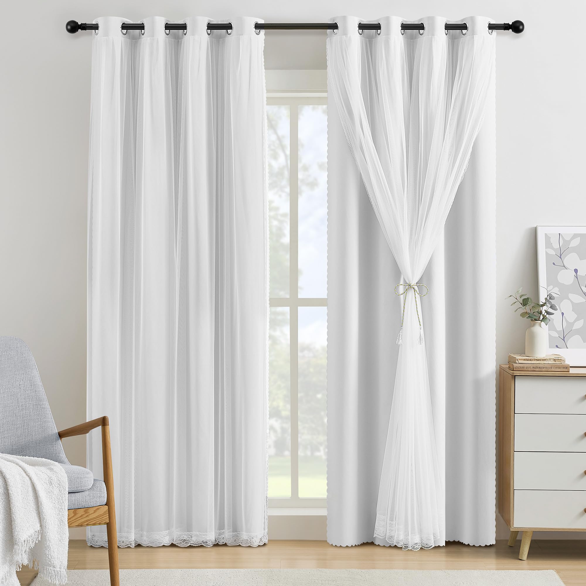 XiDi White Blackout Curtains 96 Inches Long for Bedroom 2 Panels Mix &amp; Match Double Layer Curtains with Sheer Overlay Thermal Insulated Window Treatment White Drapes for Living Room Grommet Top 52x96