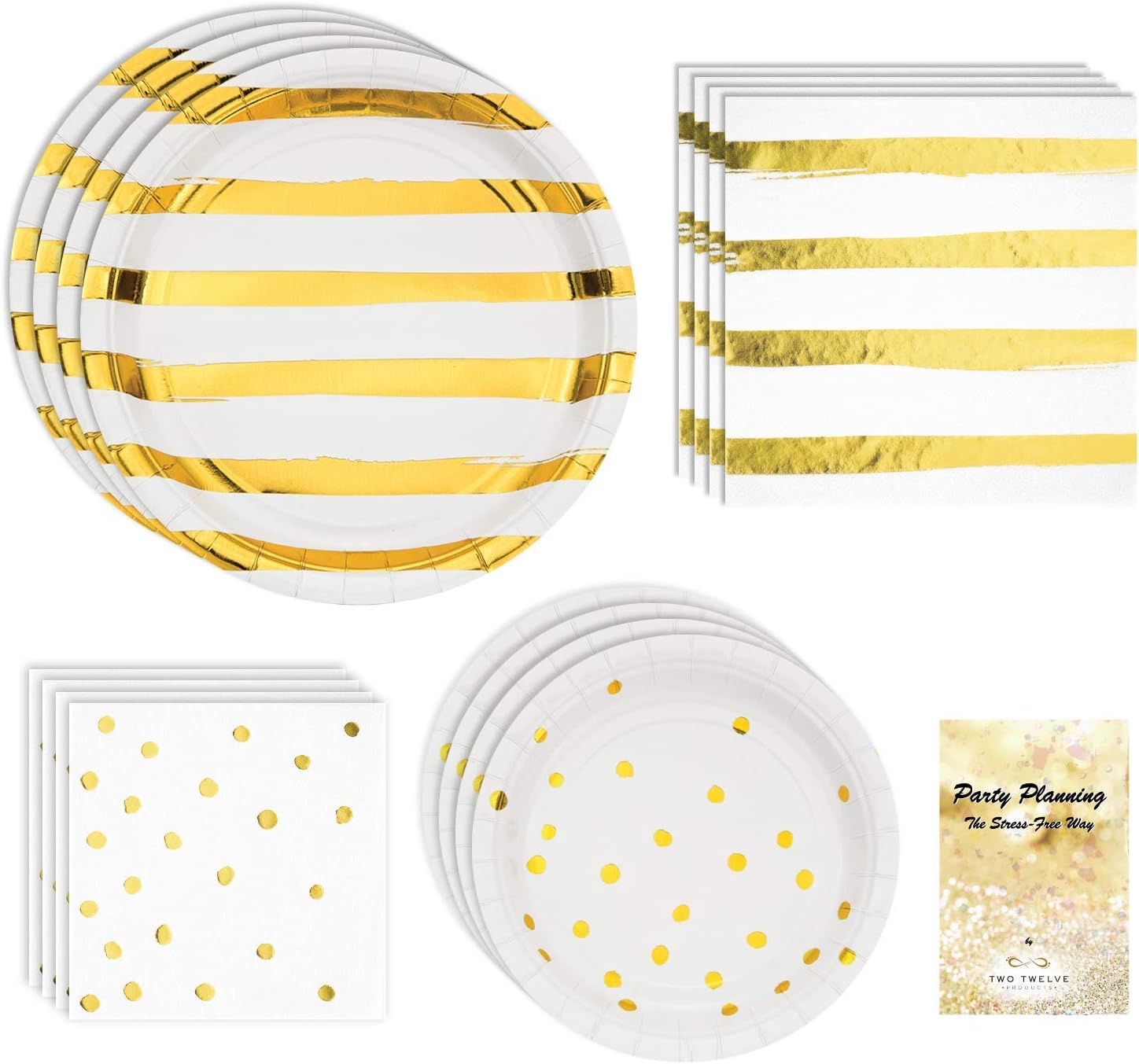 White & Gold Party Supplies, Dot & Stripe Design, Great for Bachelorette Party, Wedding, Engagement, Anniversary, Bundle of 4 Items: Dinner Plates, Dessert Plates, Lunch Napkins and Beverage Napkins